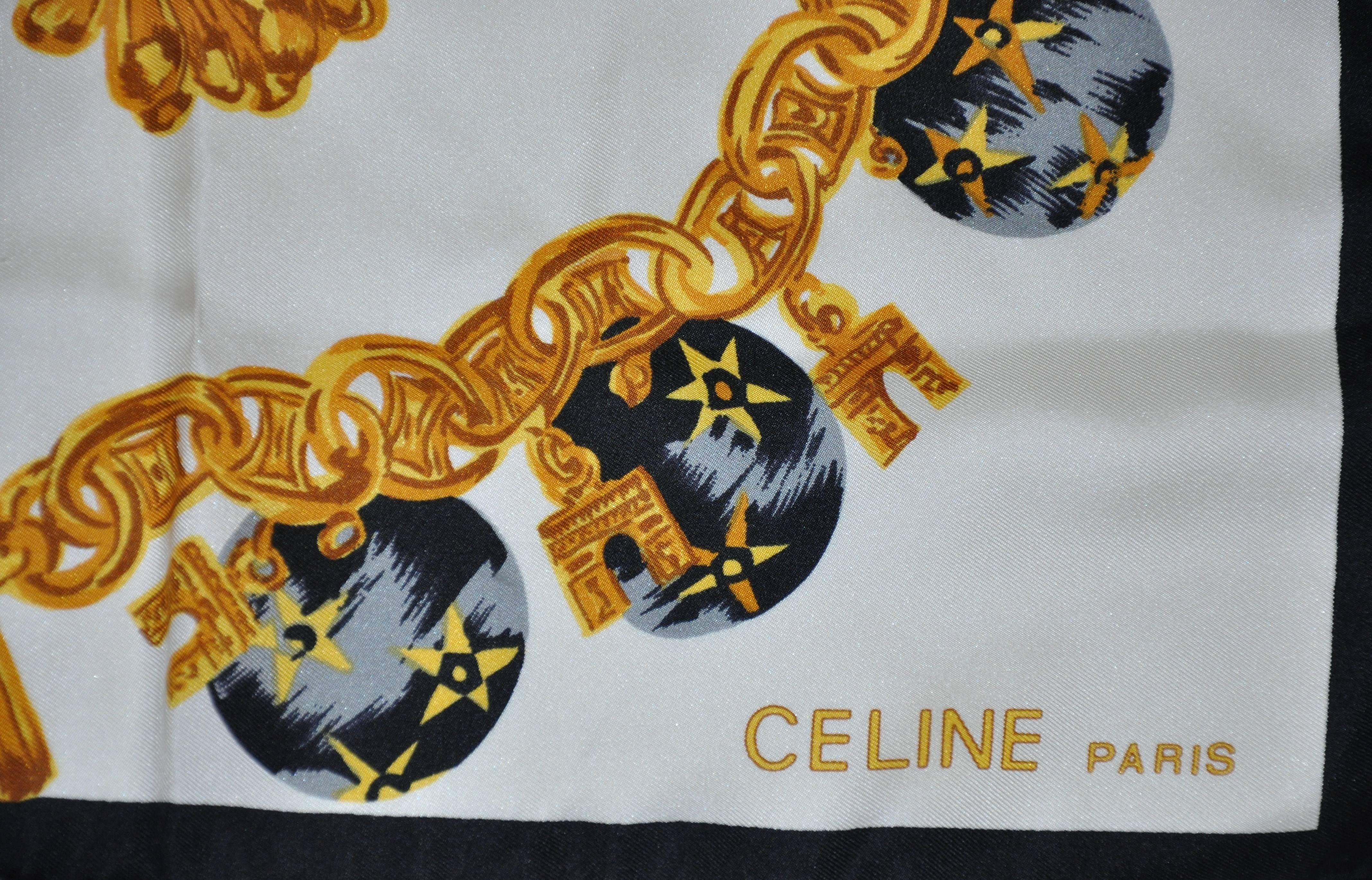        Celine wonderfully detailed signature multi-color silk scarf measures 34