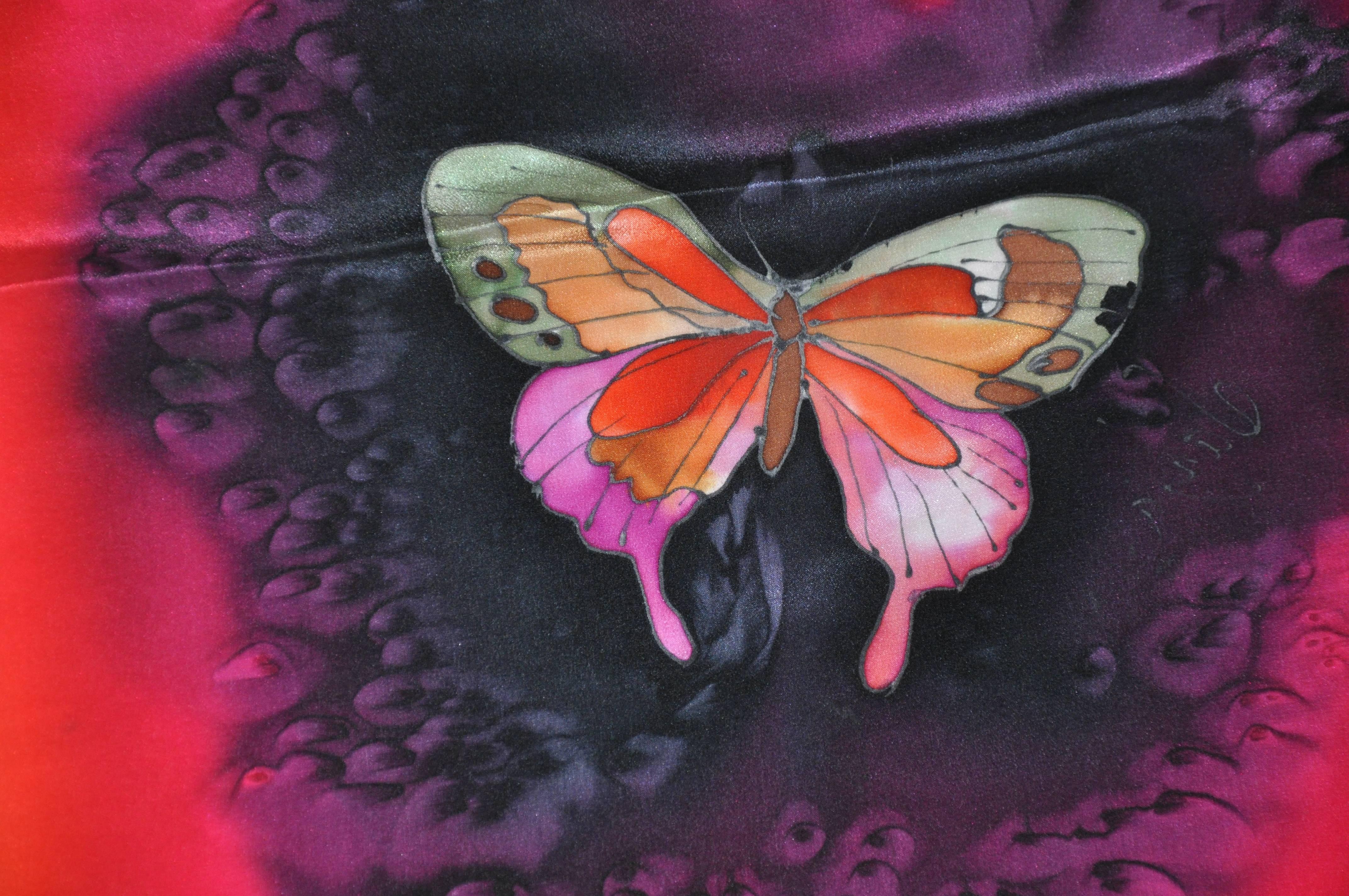      This wonderful multi-colored hand-dyed silk scarf is detailed with 