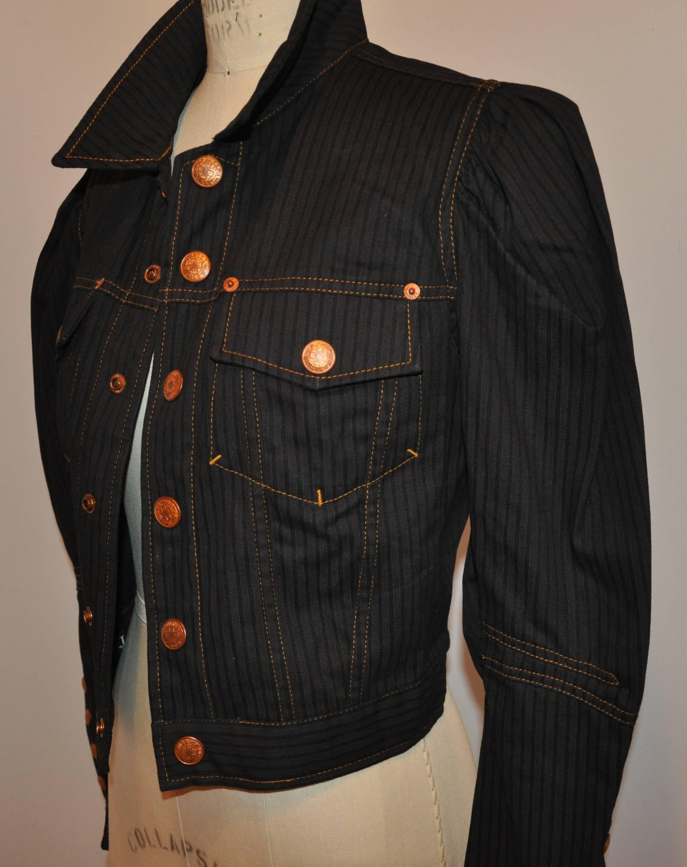 Black Jean Paul Gaultier Dark Denim Cropped Jacket With Detailed Sleeves For Sale