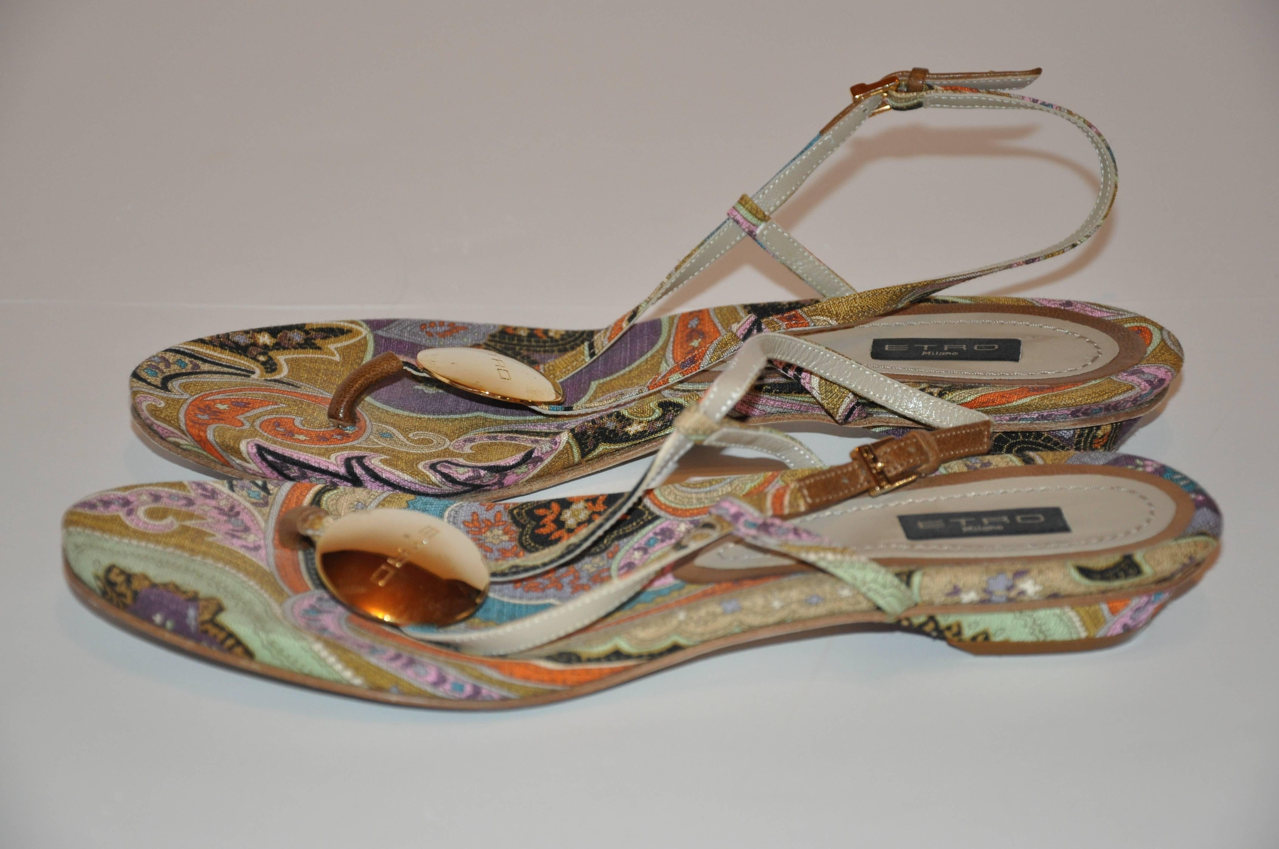 Brown ETRO Multi-Color Linen Palsey-Print with Gold Hardware Adjustable Sandal
