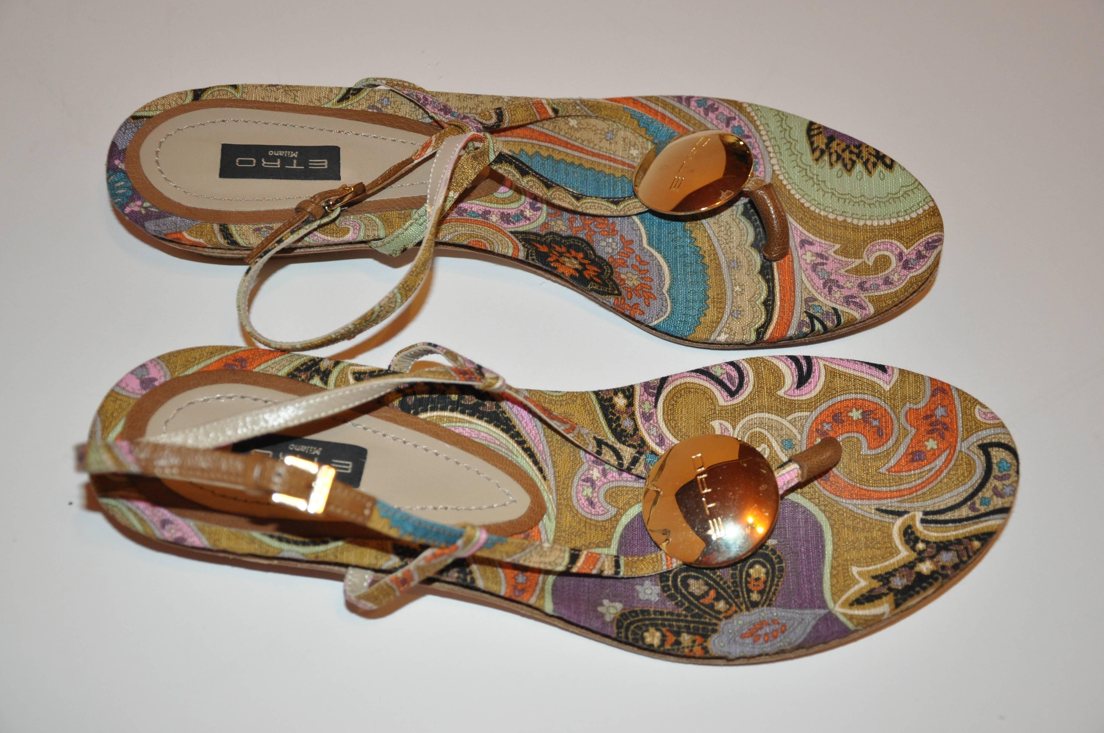 Women's ETRO Multi-Color Linen Palsey-Print with Gold Hardware Adjustable Sandal For Sale