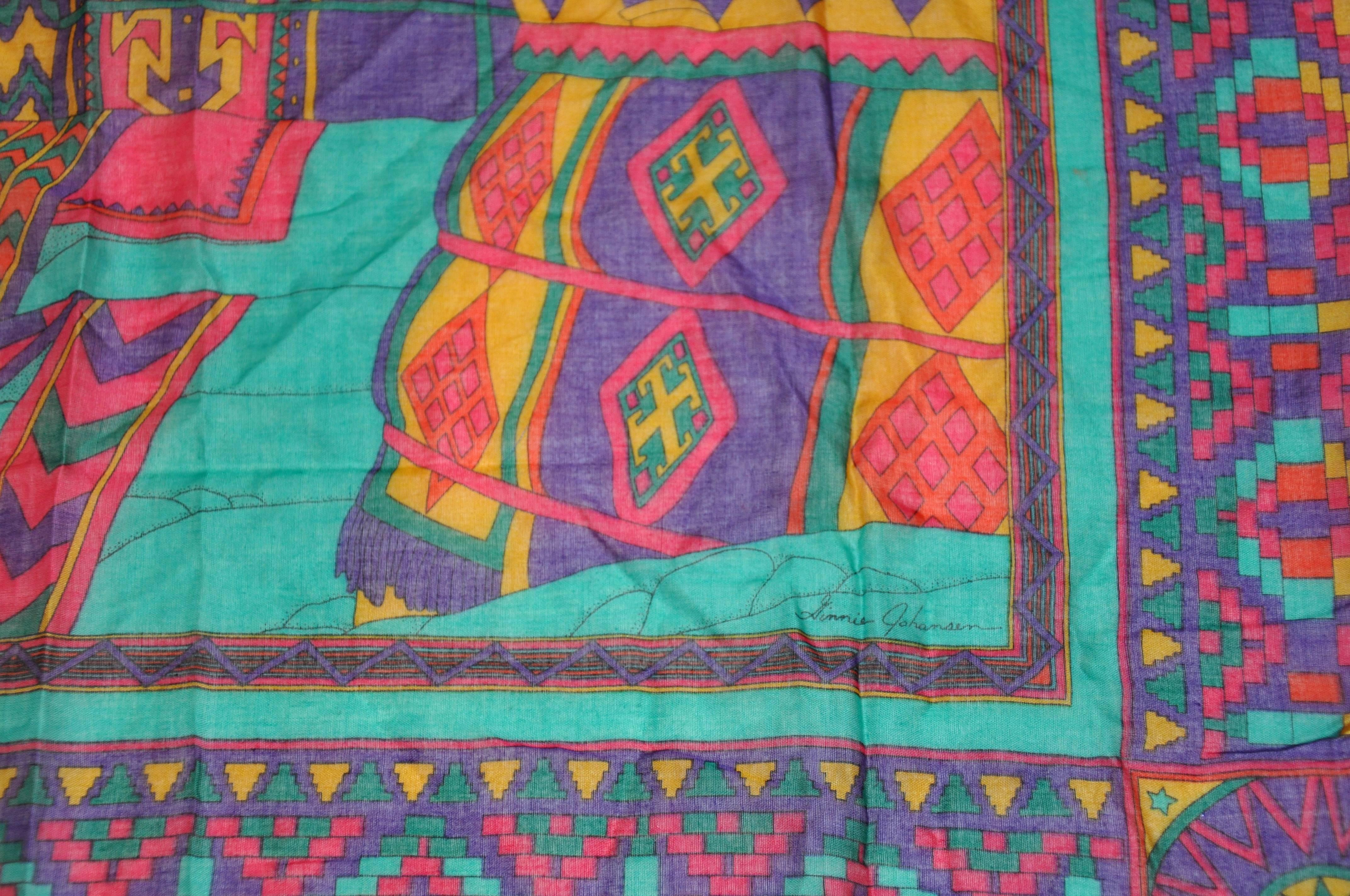         Ginnie Johansen multi-color 100% cotton scarf measures 26