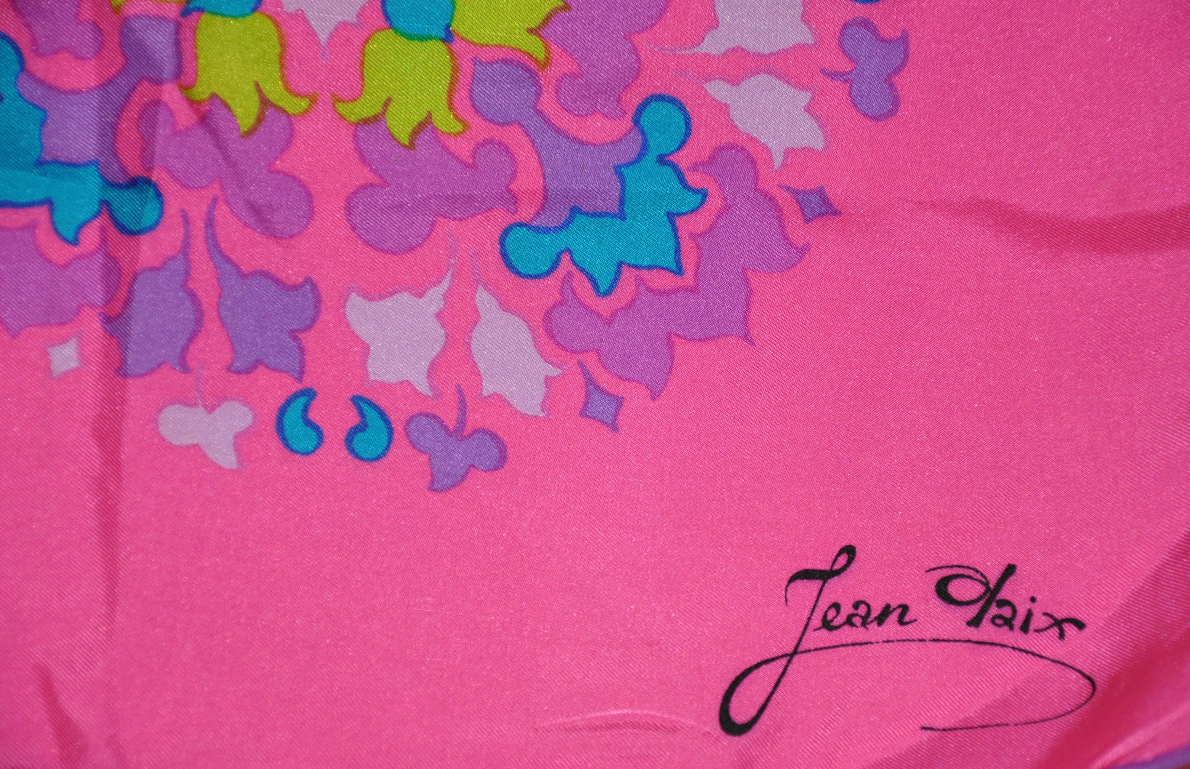 Jean Olaix of Paris Bold Multi-Color Fuchsia Silk Scarf In Good Condition For Sale In New York, NY