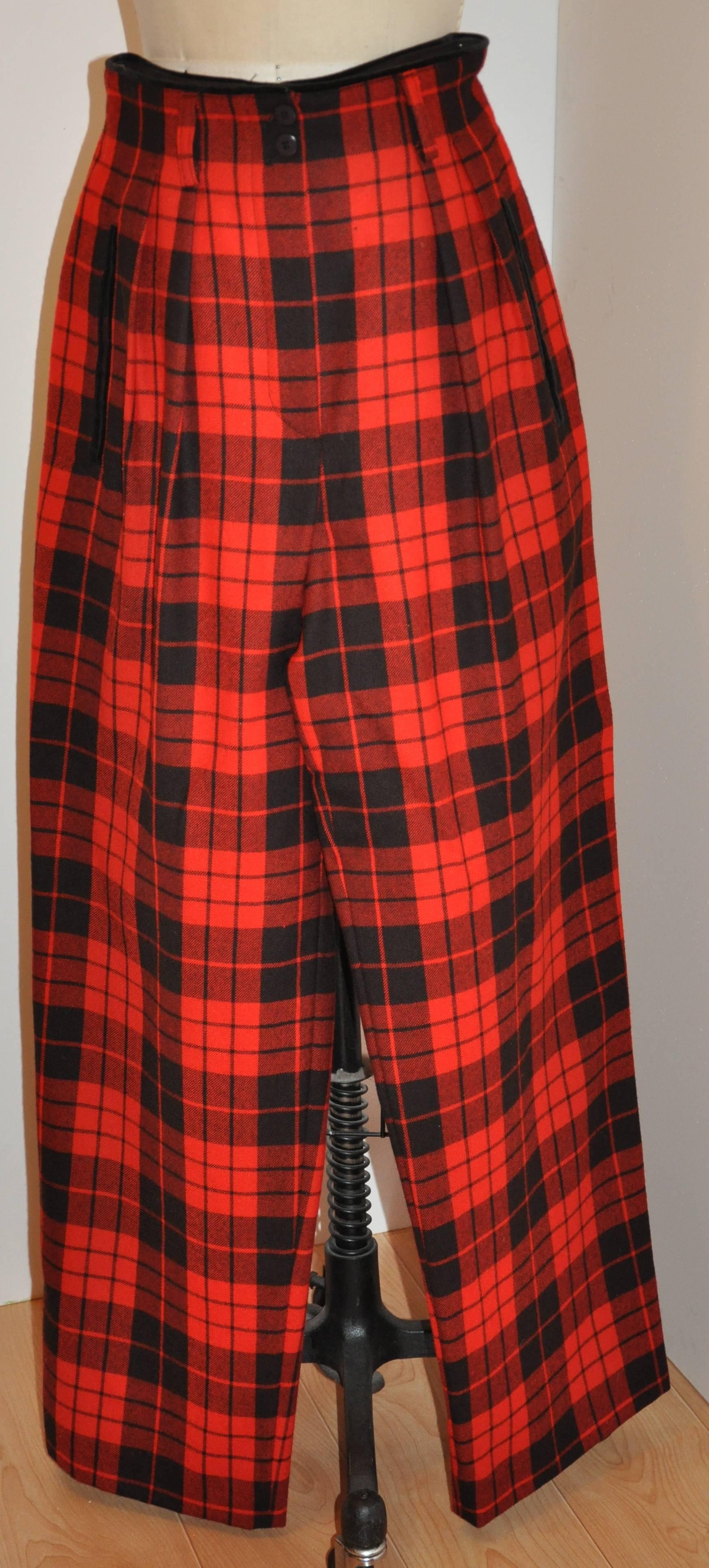 Escada Red and Black Plaid Print Wool & Velvet Three-Piece Ensemble In Good Condition For Sale In New York, NY