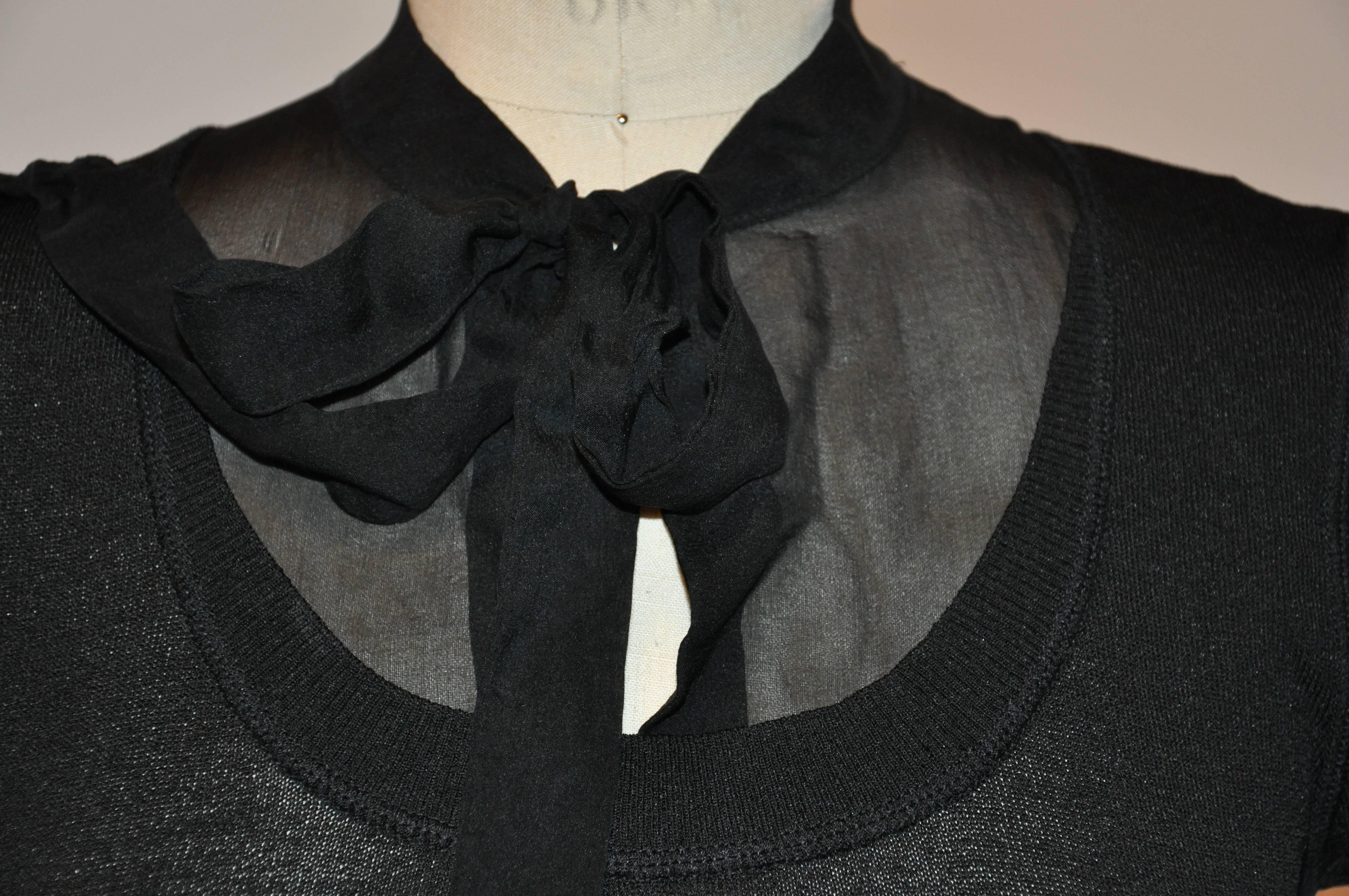 Black Valentino Crew Neck with Chiffon Open High-Neck Tie Collar Pullover For Sale