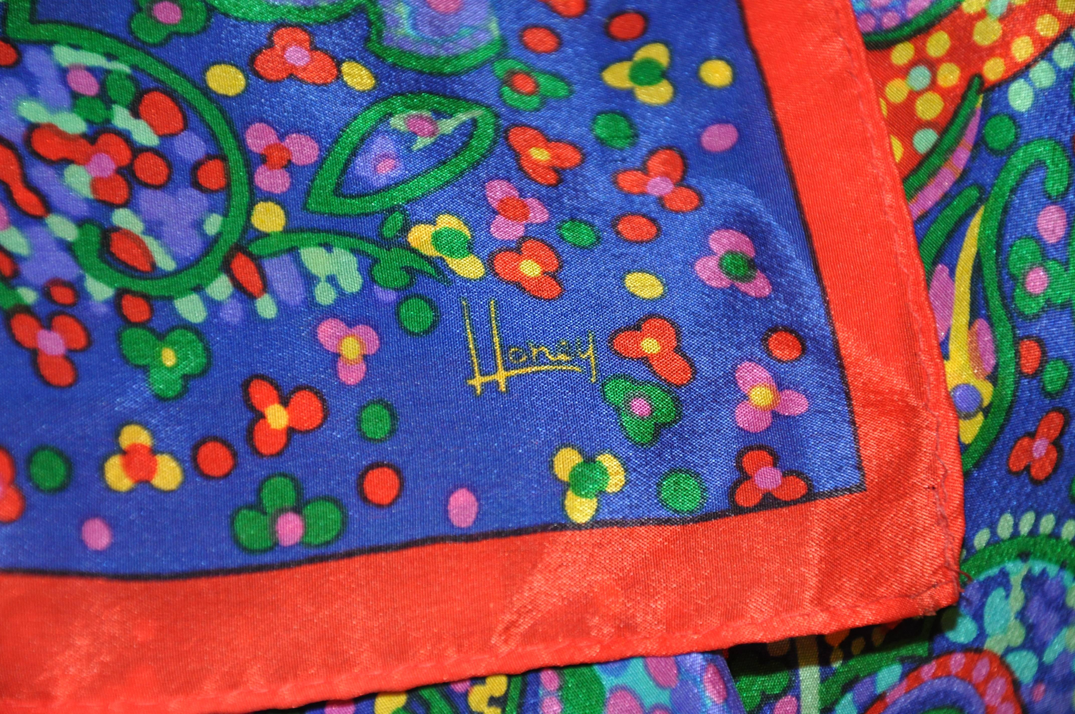         Honey's wonderfully bright multi-color with multi-sizes of floral combined with palsey print silk scarf measures 30