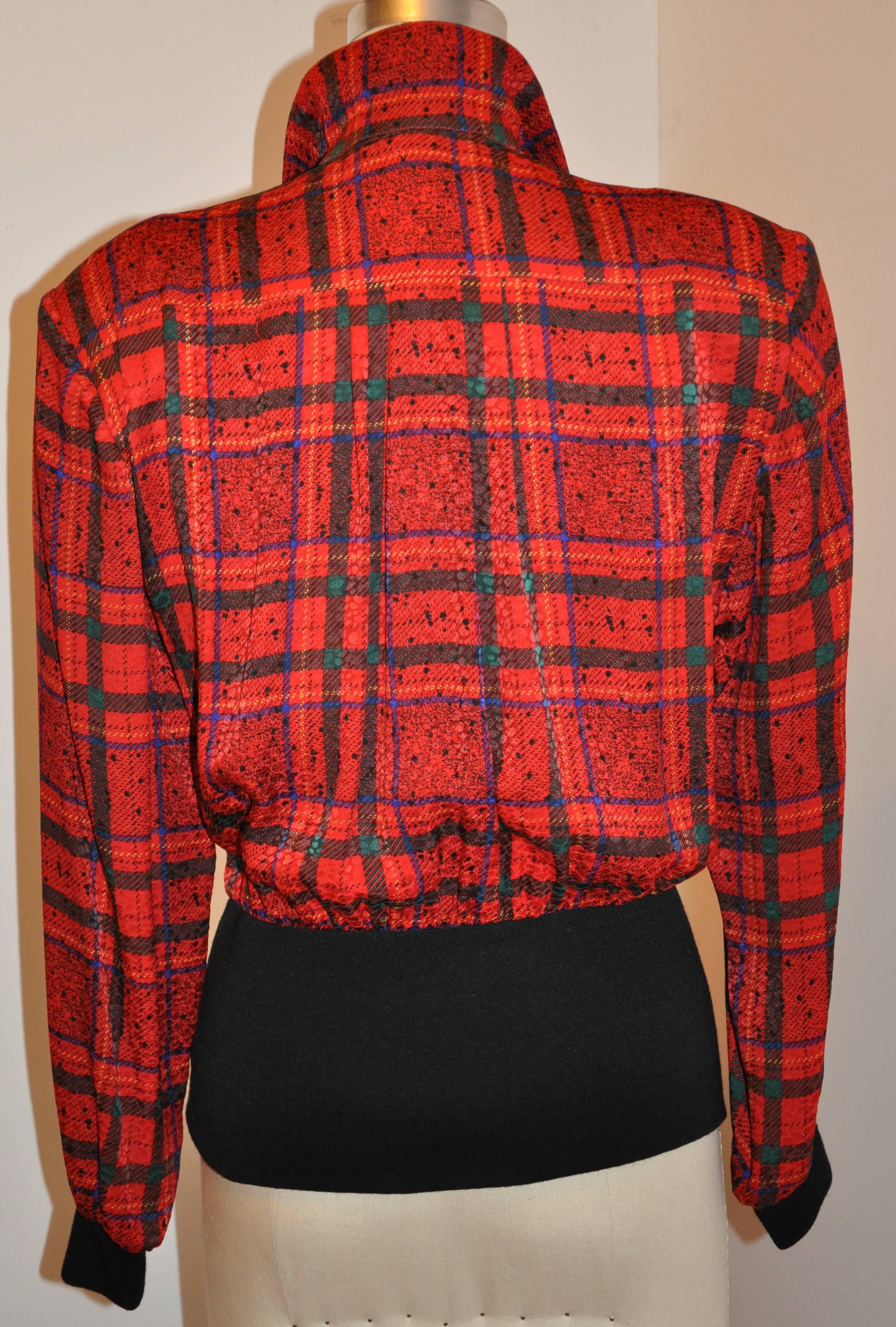        Cardiere et Cie wonderful combination of multi-color silk plaid is accented with a double-layer of black wool jersey on the band. The shoulder measures 17
