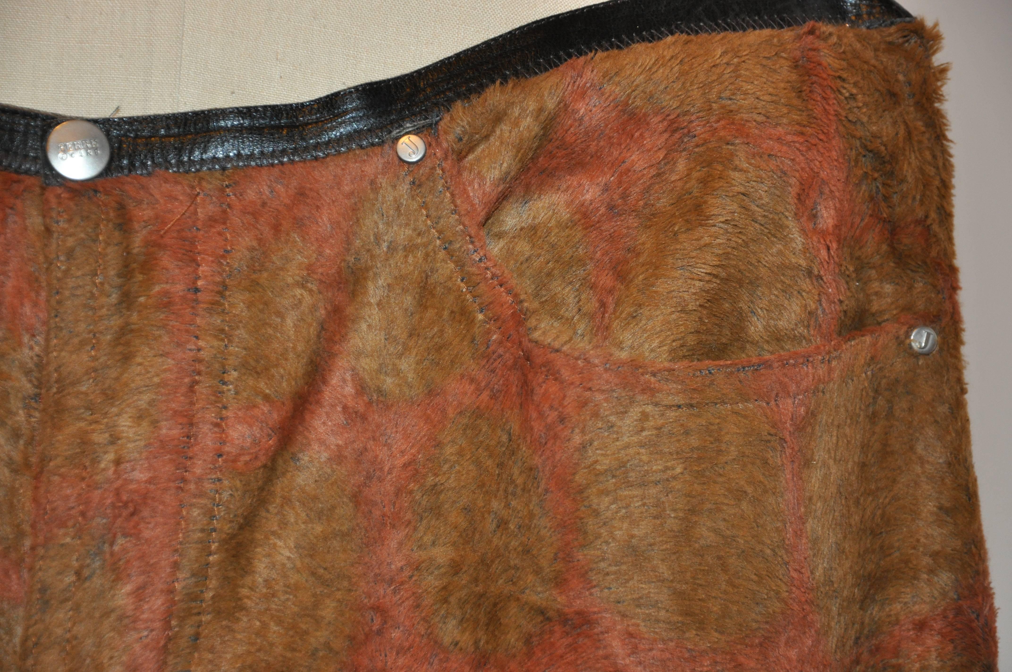 Brown Granfranco Ferre Men's Multi-Color Faux Fur Jean-Style Trousers For Sale