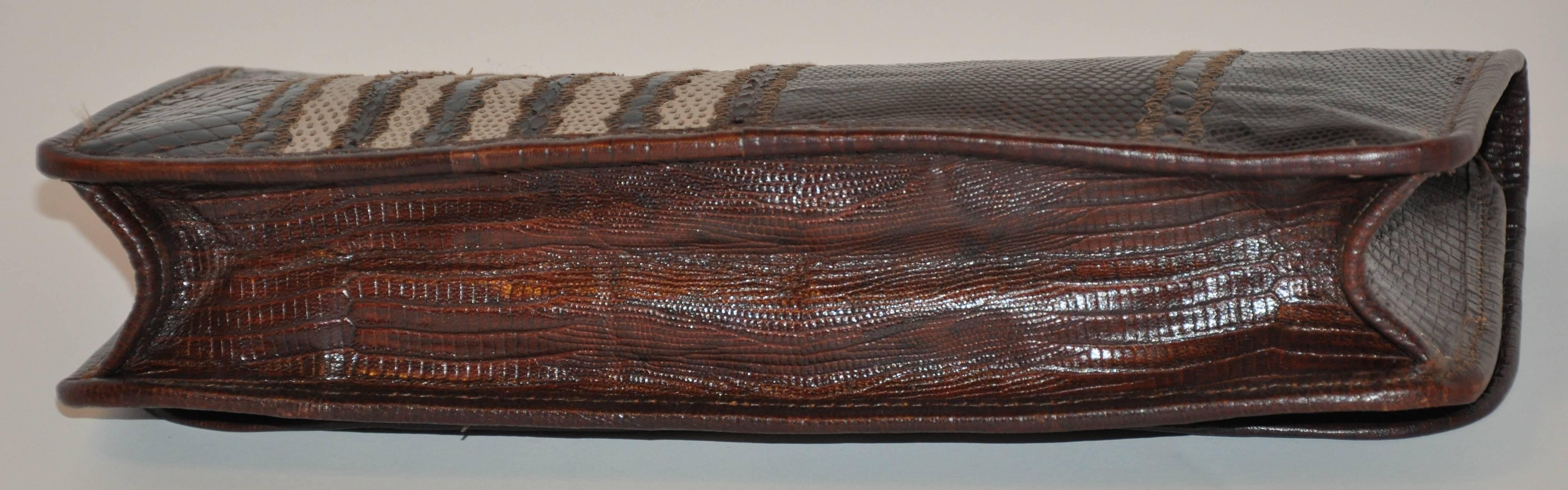 Carlos Falchi Multi-Textured Exotic Skins Coco Brown Clutch In Good Condition For Sale In New York, NY