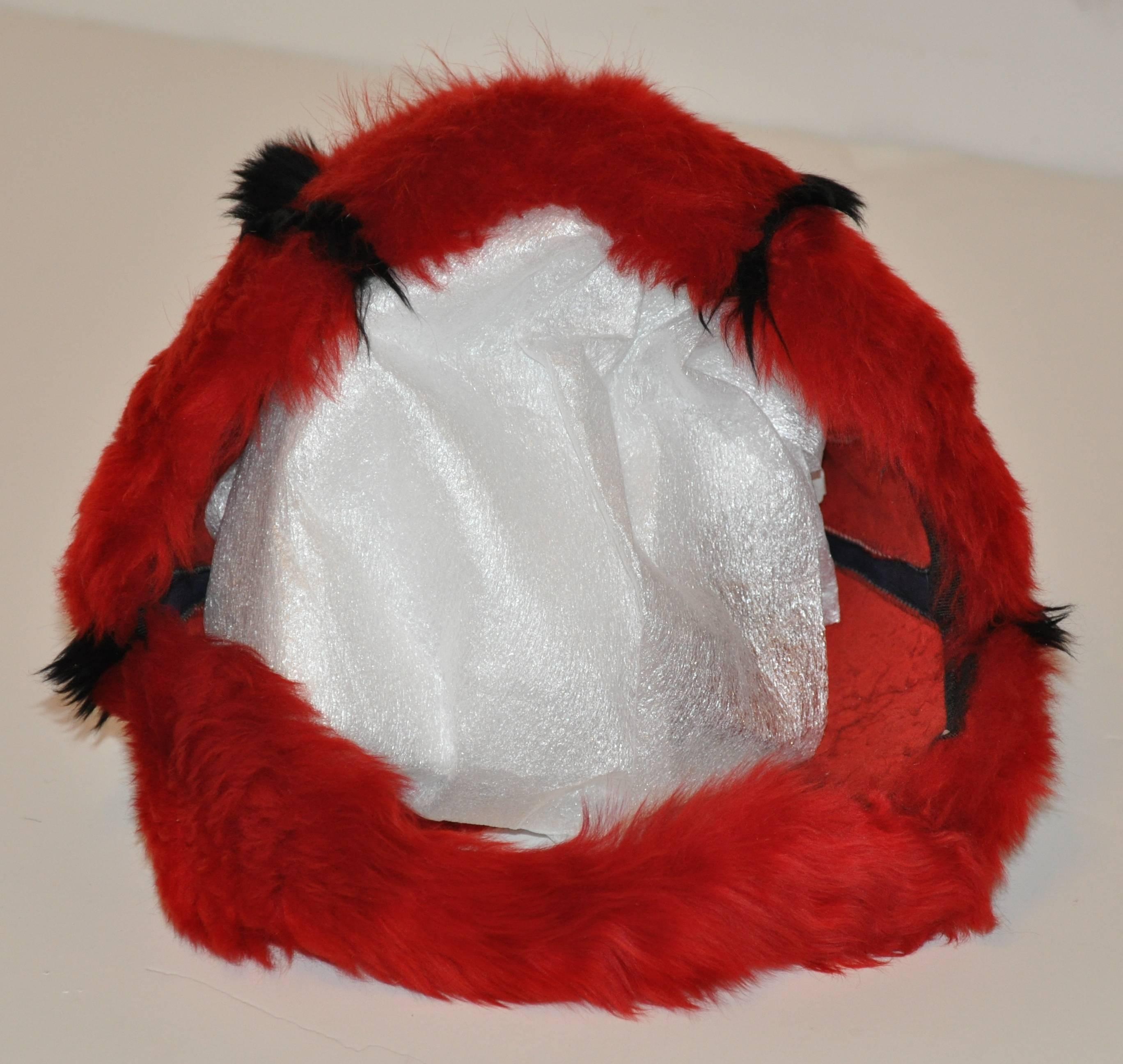 Women's or Men's Deep Red with Black Accent Shearling Cap 