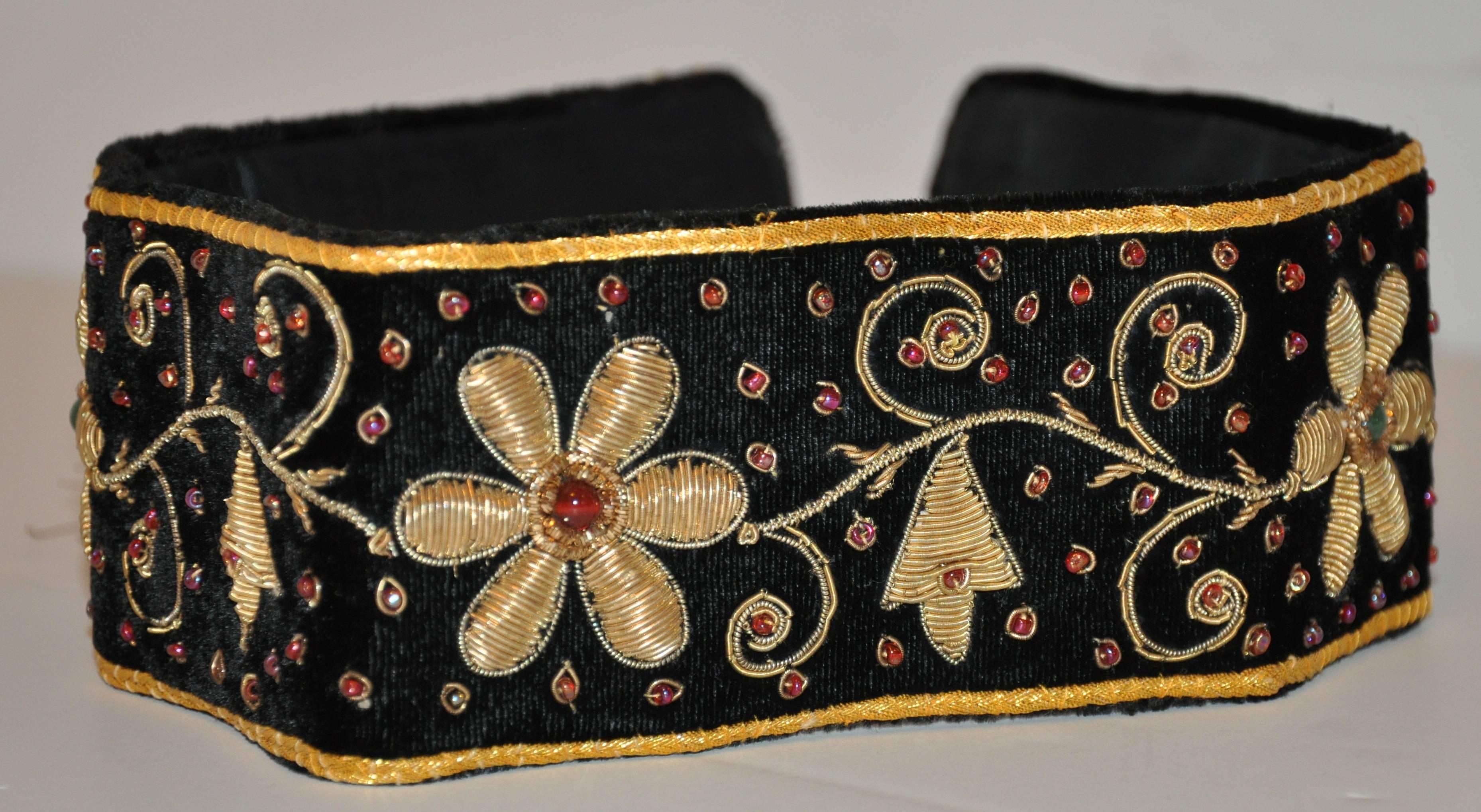 Black Mary McFadden Handmade Detailed Floral Velvet Fringed Tie Evening Belt 