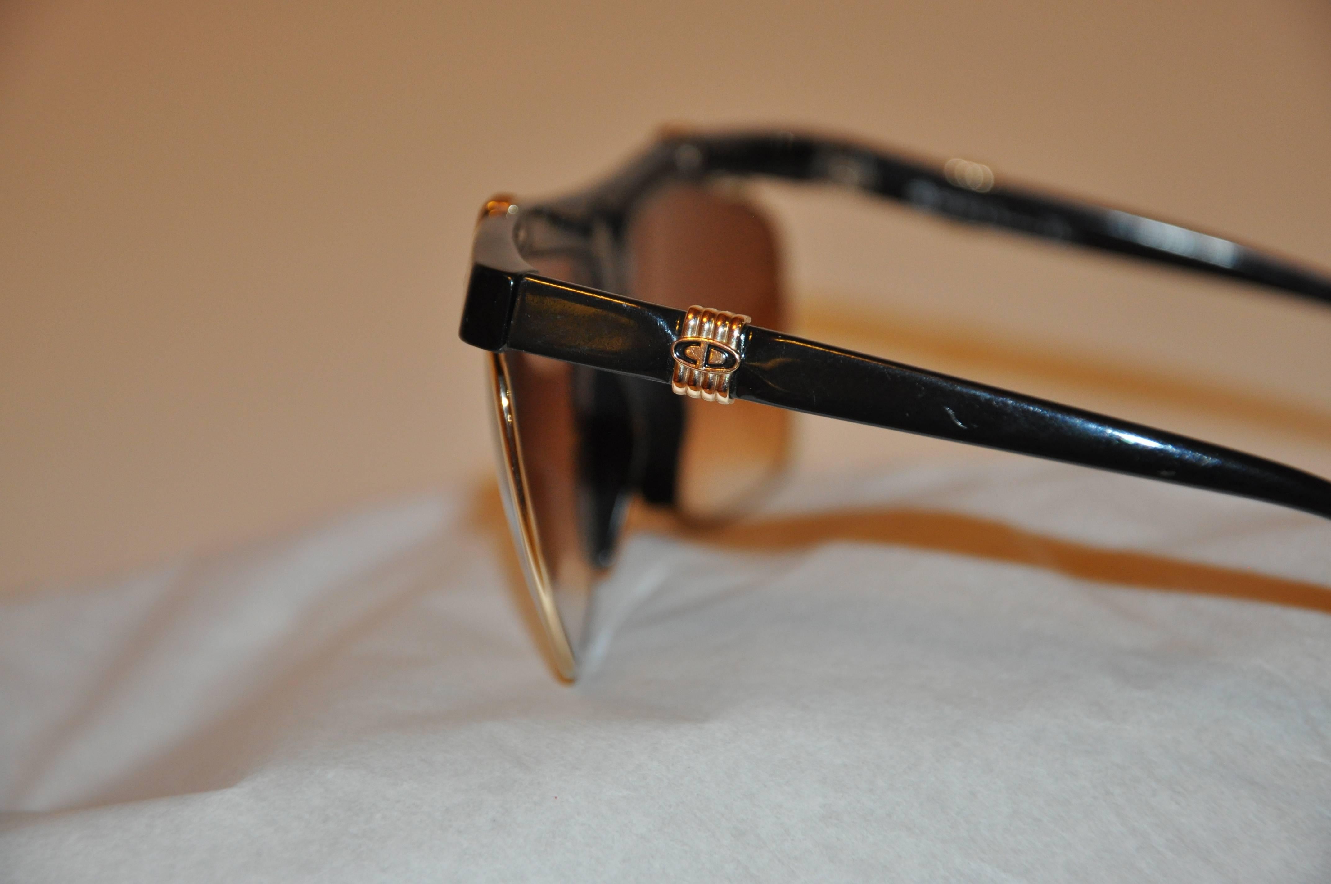 Brown Christian Dior Thick Black Lucite with Etched Gold Hardware Sunglasses For Sale