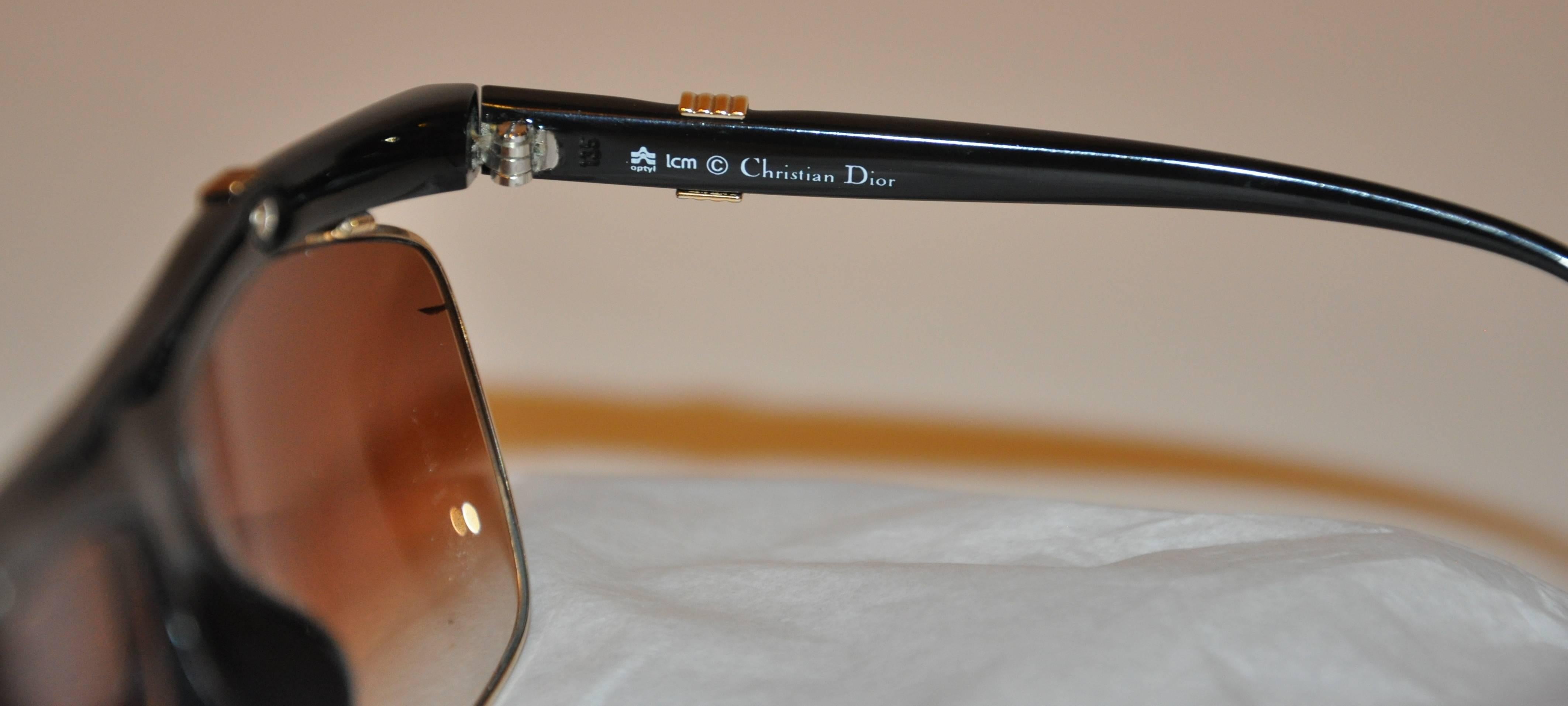 Christian Dior Thick Black Lucite with Etched Gold Hardware Sunglasses In Good Condition For Sale In New York, NY