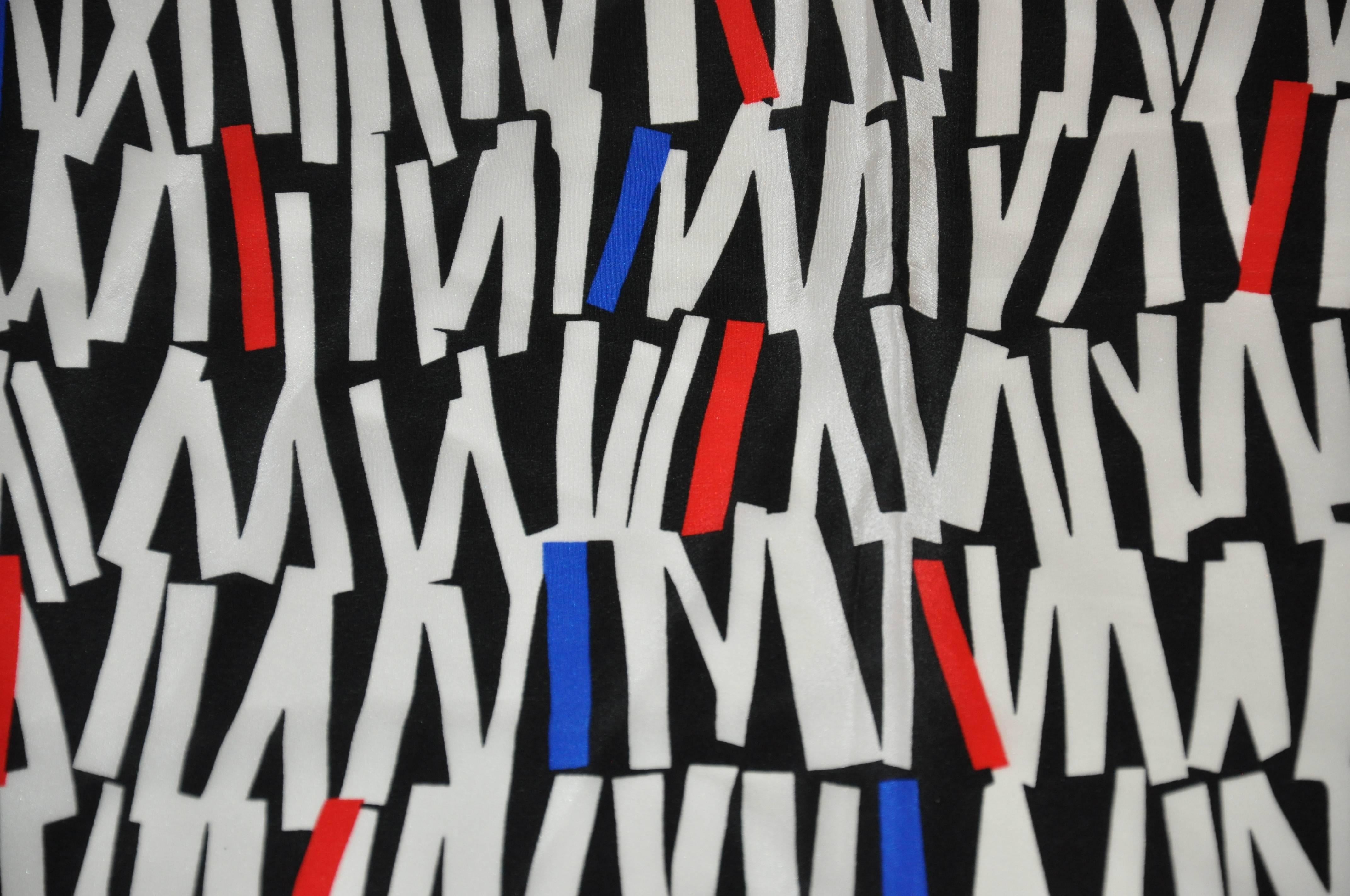 Yves Saint Laurent Multi Black, White, Red & Blaue Silk Crepe di Chine Scarf In Good Condition For Sale In New York, NY
