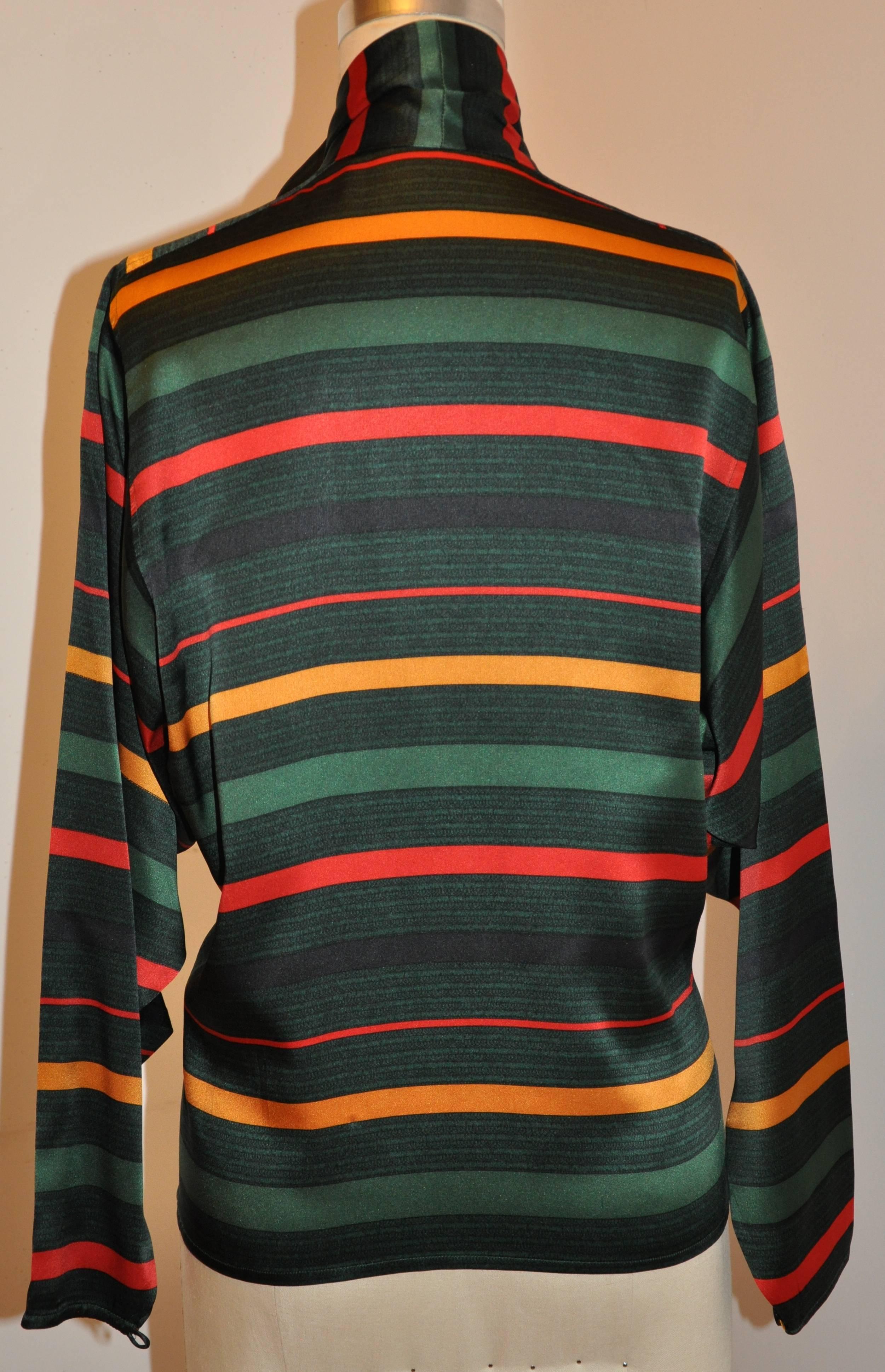      This wonderful multi-color silk stripe button blouse is accented with an extended collar tie which measures 3 1/4