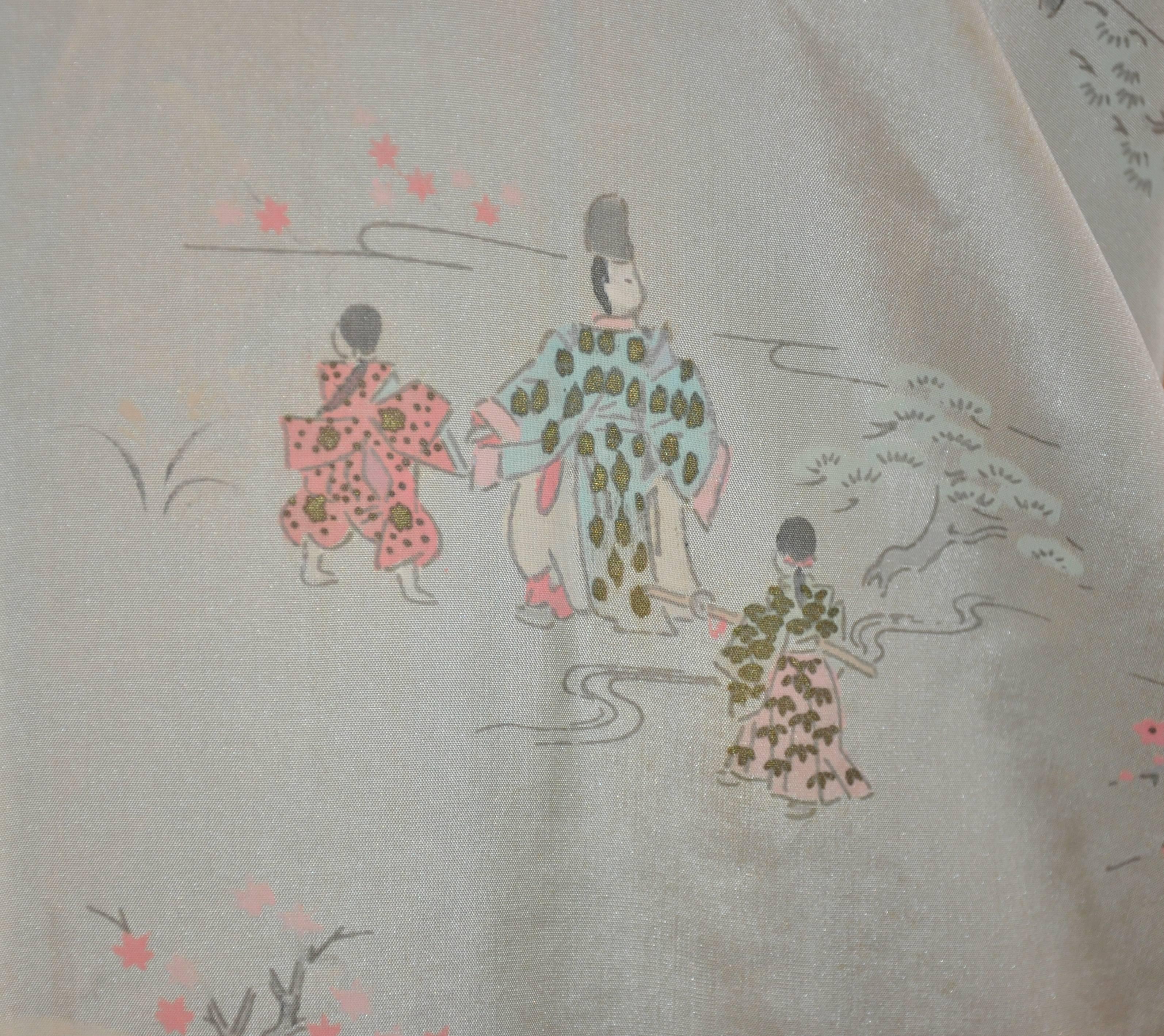 Japanische Kimonojacke aus schwarzer Seide mit cremefarbenen „Scenes of Japan“-Innenausschnitten im Angebot 2