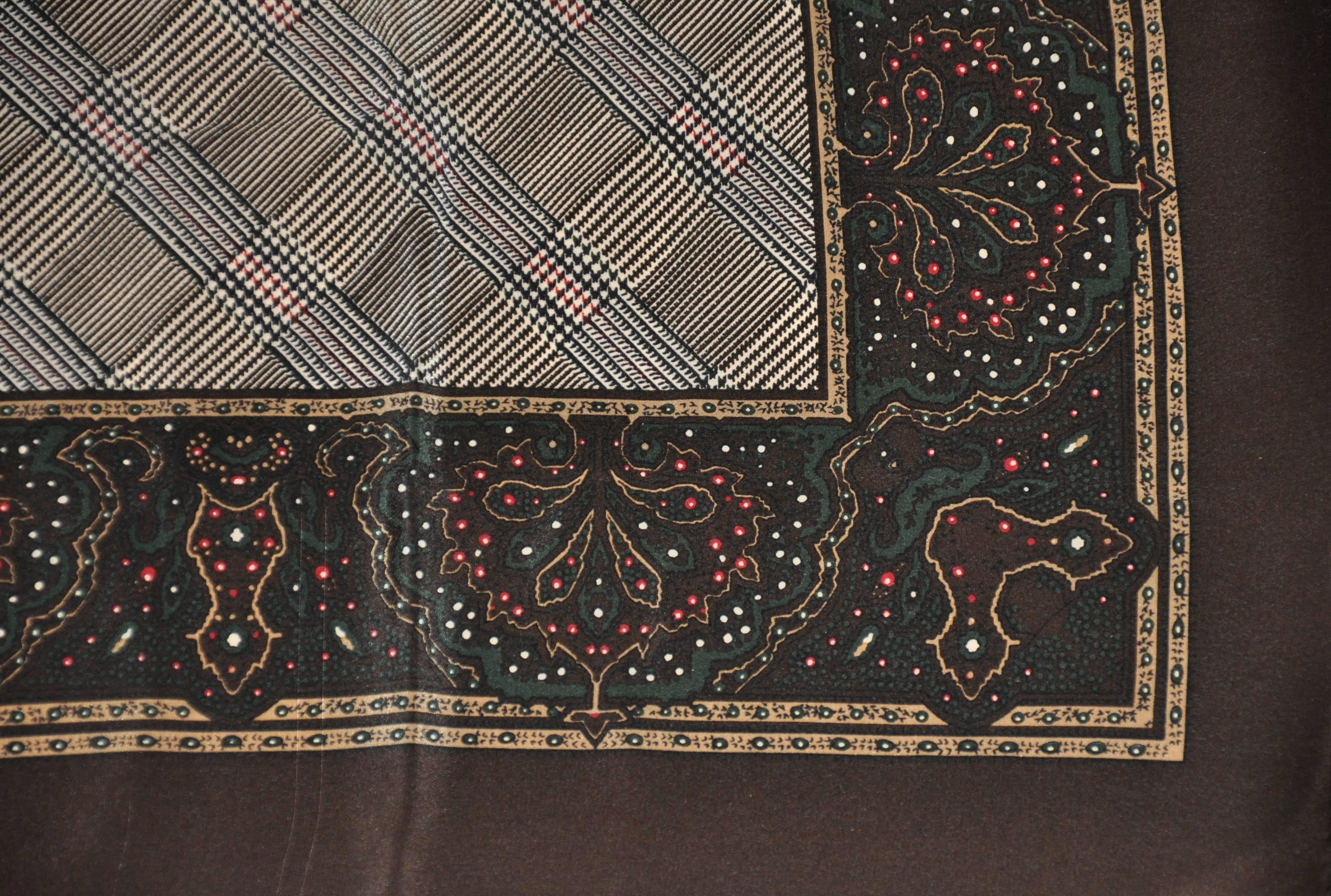 Ralph Lauren coco brown palsey border silk scarf measures 30" x 30" and finished with hand-rolled edges. Made in Italy.