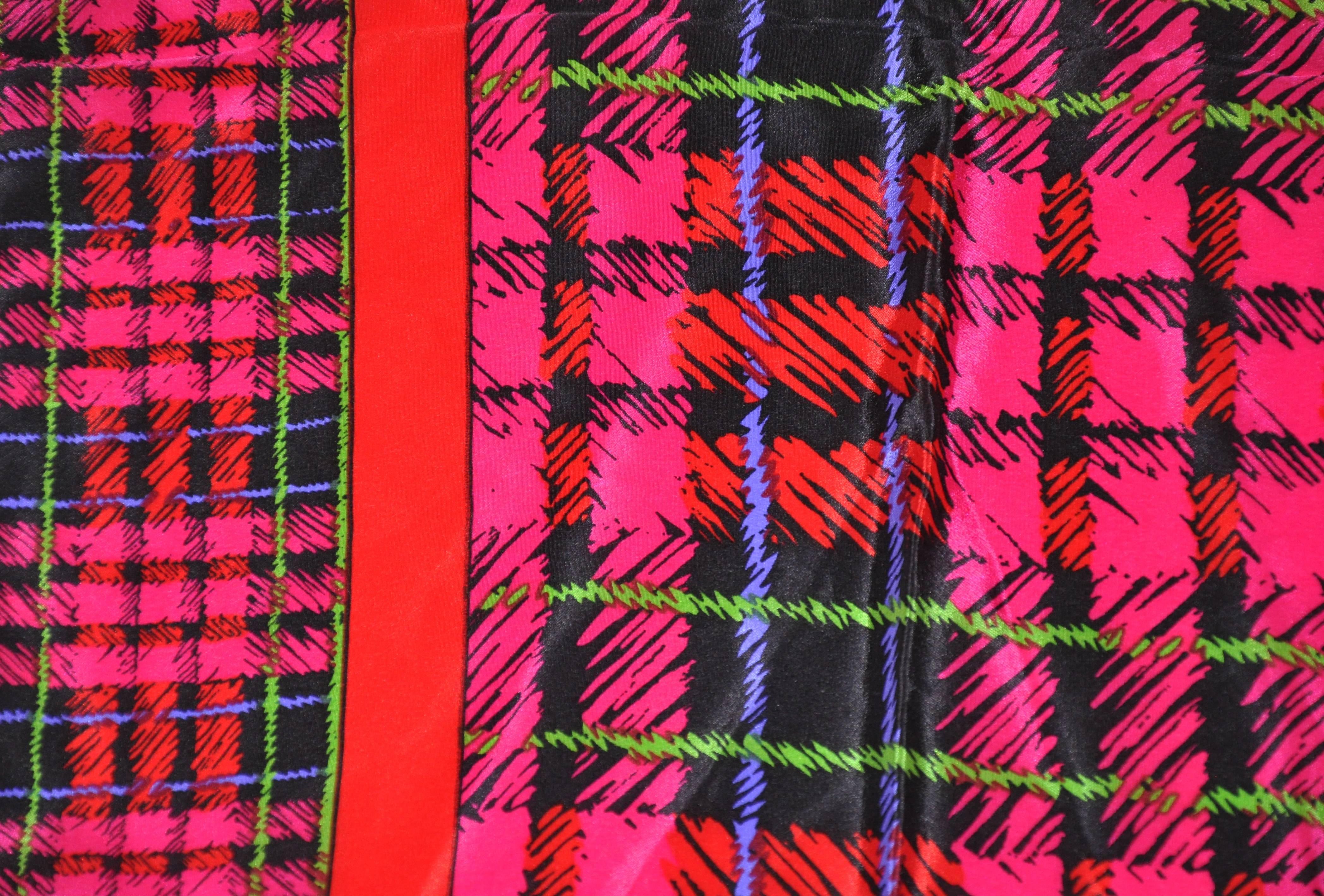 Vivid Fuchsia with Green & Plum Accent Plaid Silk Scarf In Good Condition For Sale In New York, NY