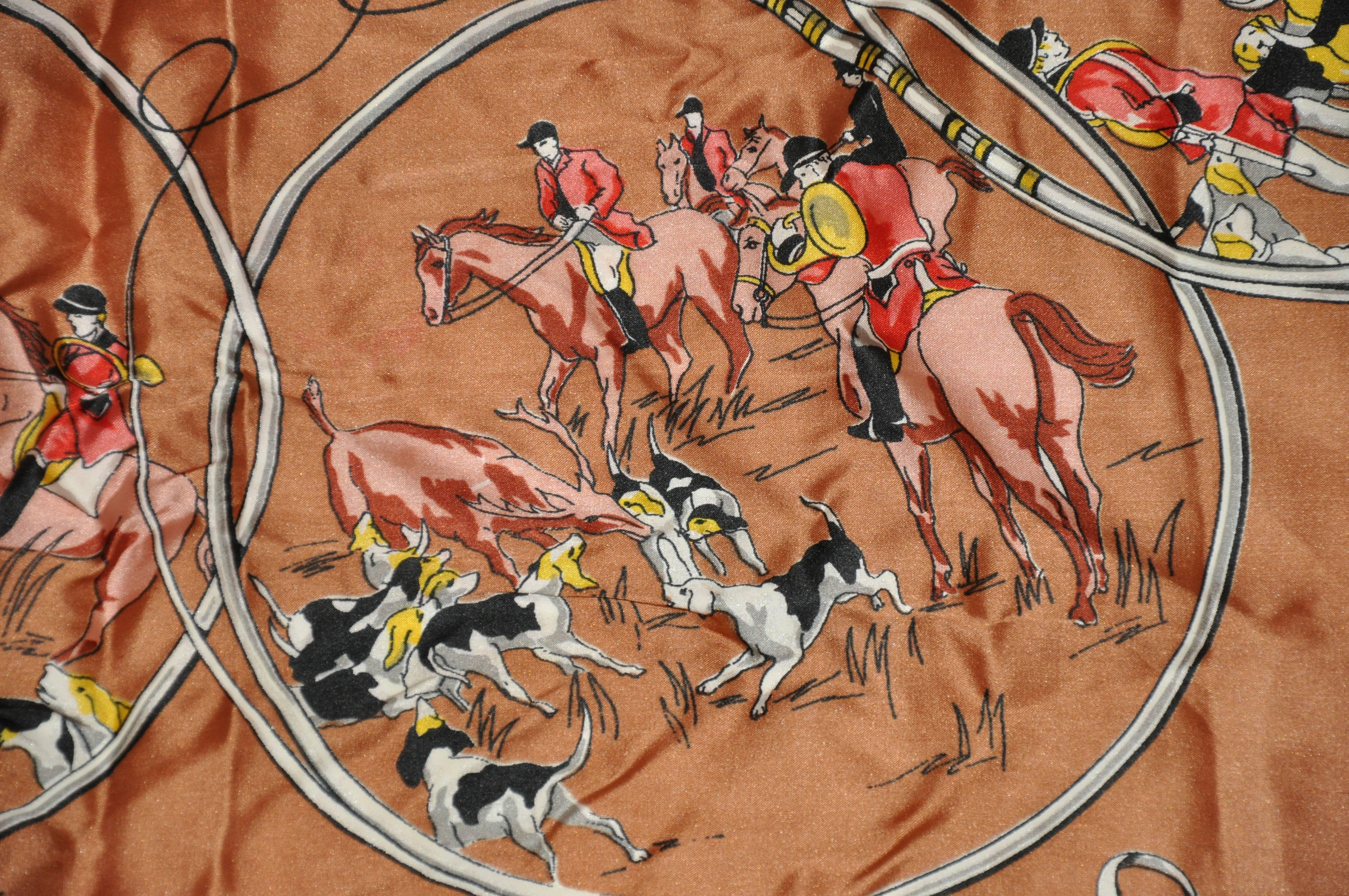 "Fox Hunting & French Horns" silk scarf measures 31" x 31" and finished with hand-rolled edges. Made in Italy.