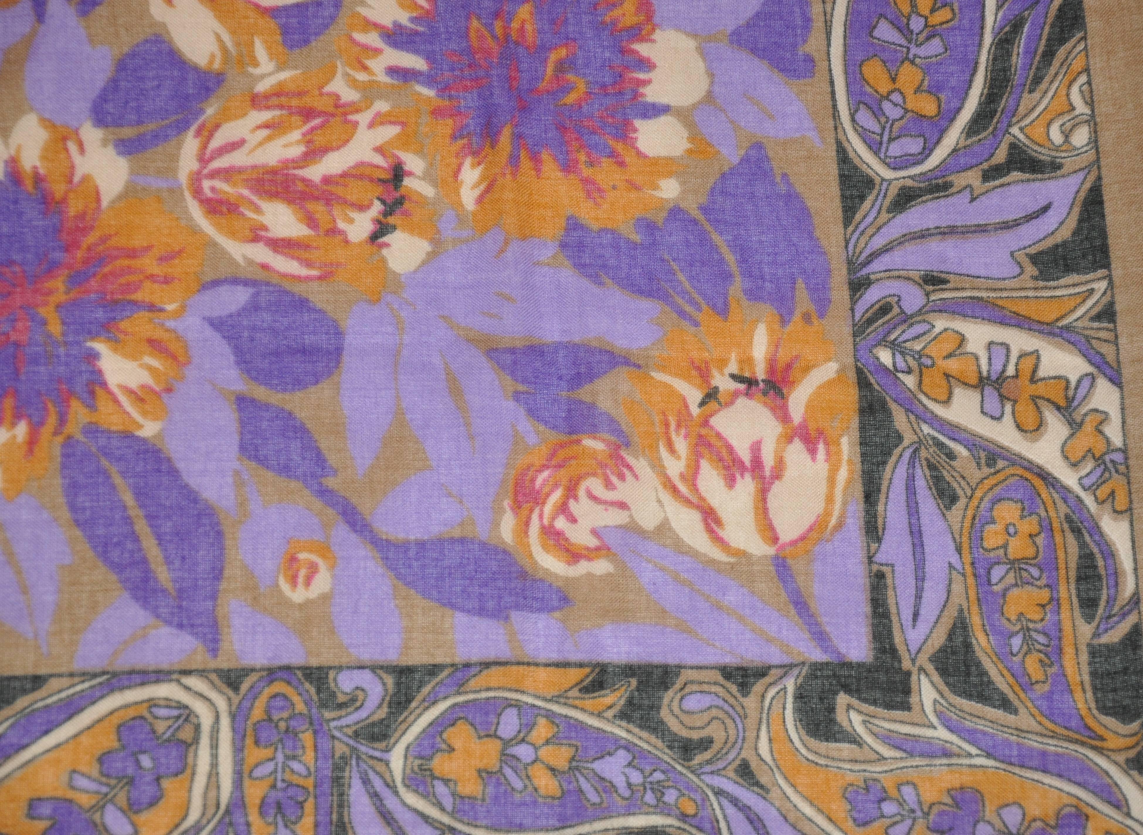 Women's or Men's Taupe Borders with Multi-Color Floral Center Challis-Like Fringed Edge Scarf