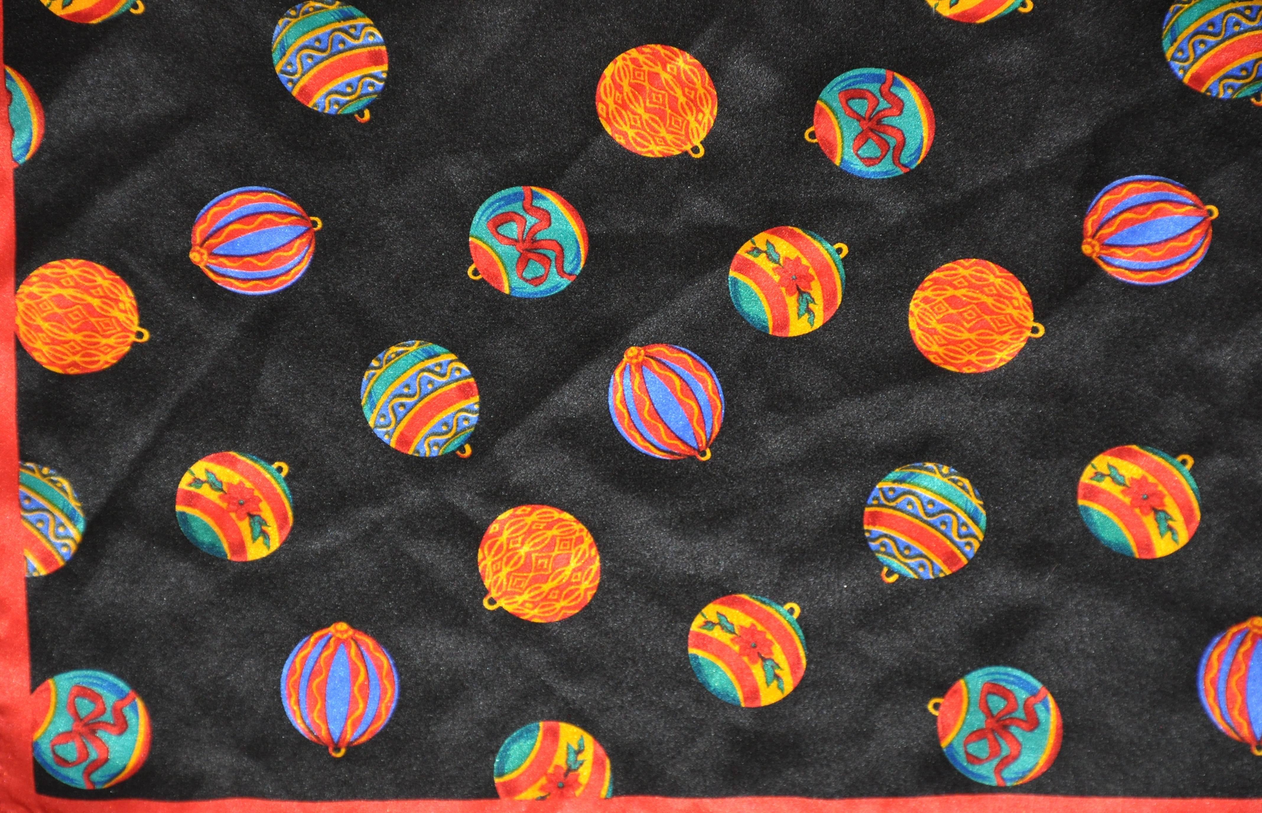      This wonderfully elegant "Collection of Christmas Balls" silk scarf measures 20 1/2" x 20 1/2" and made in Italy.
