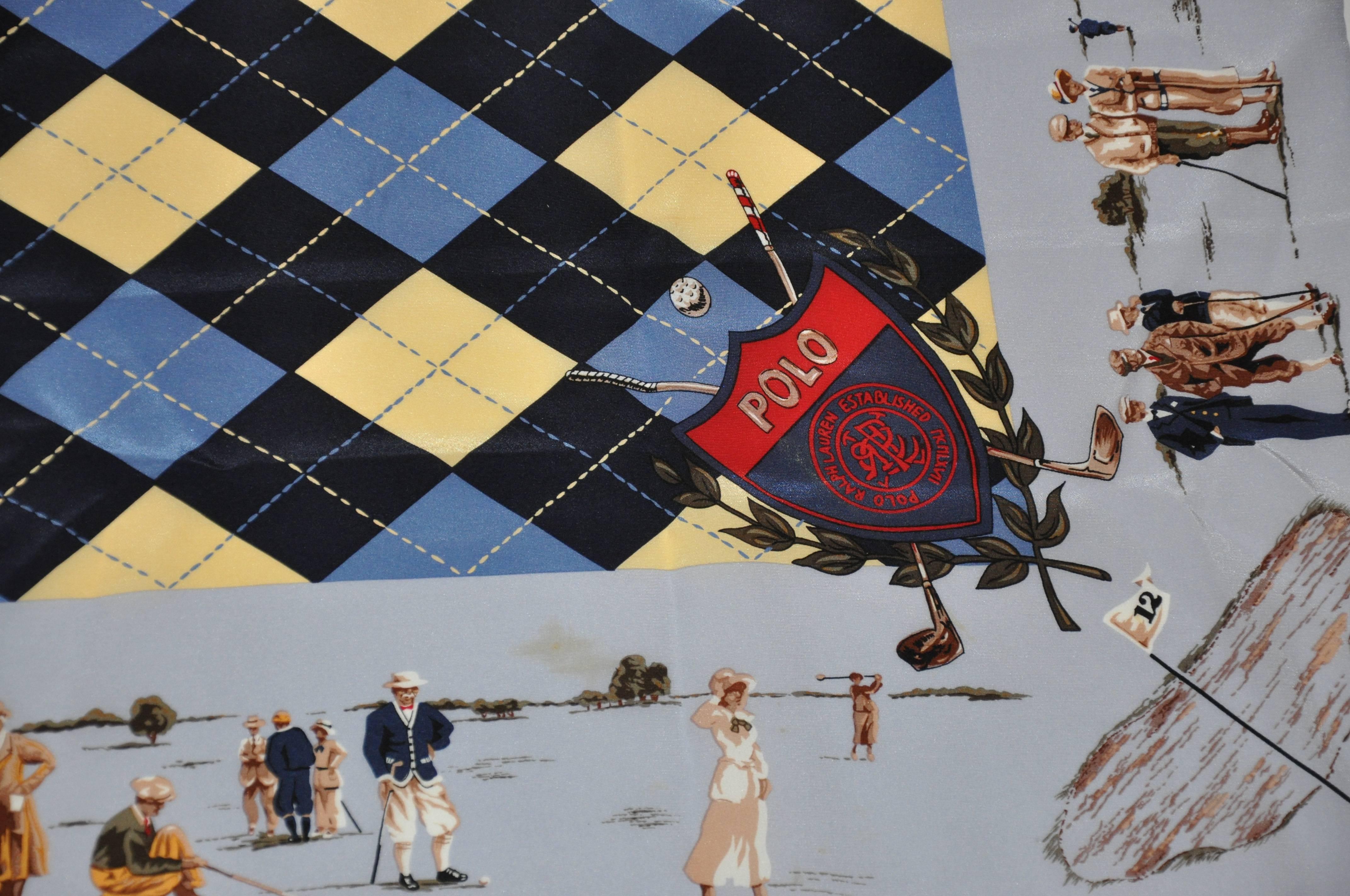        Ralph Lauren's wonderfully detailed silk scarf of scenes of the art of playing golf and finished with hand-rolled edges. The scarf measures 34