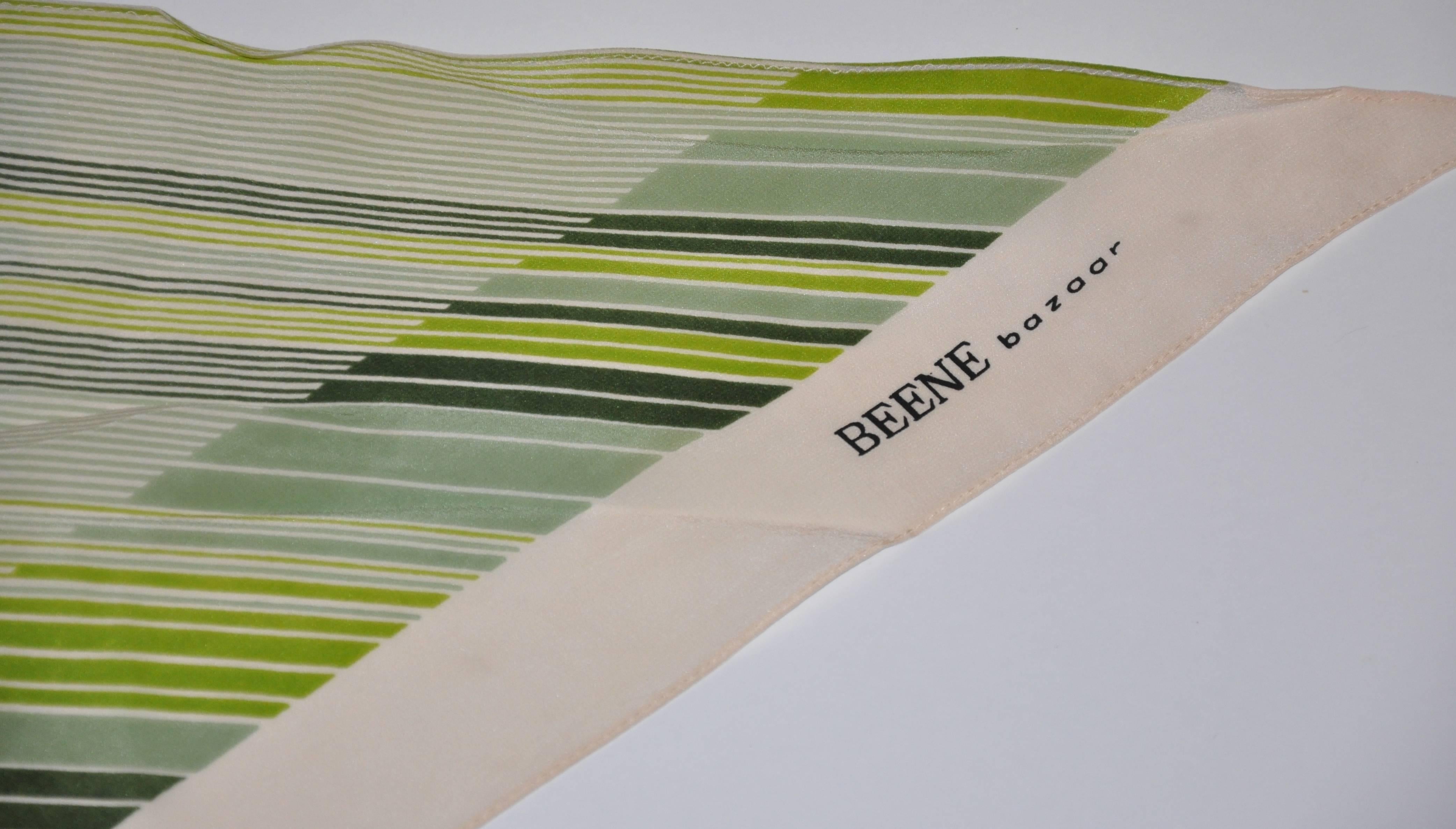 Geoffrey Beene Beige Border with Multi-Green Stripe Triangle Silk Scarf In Good Condition For Sale In New York, NY