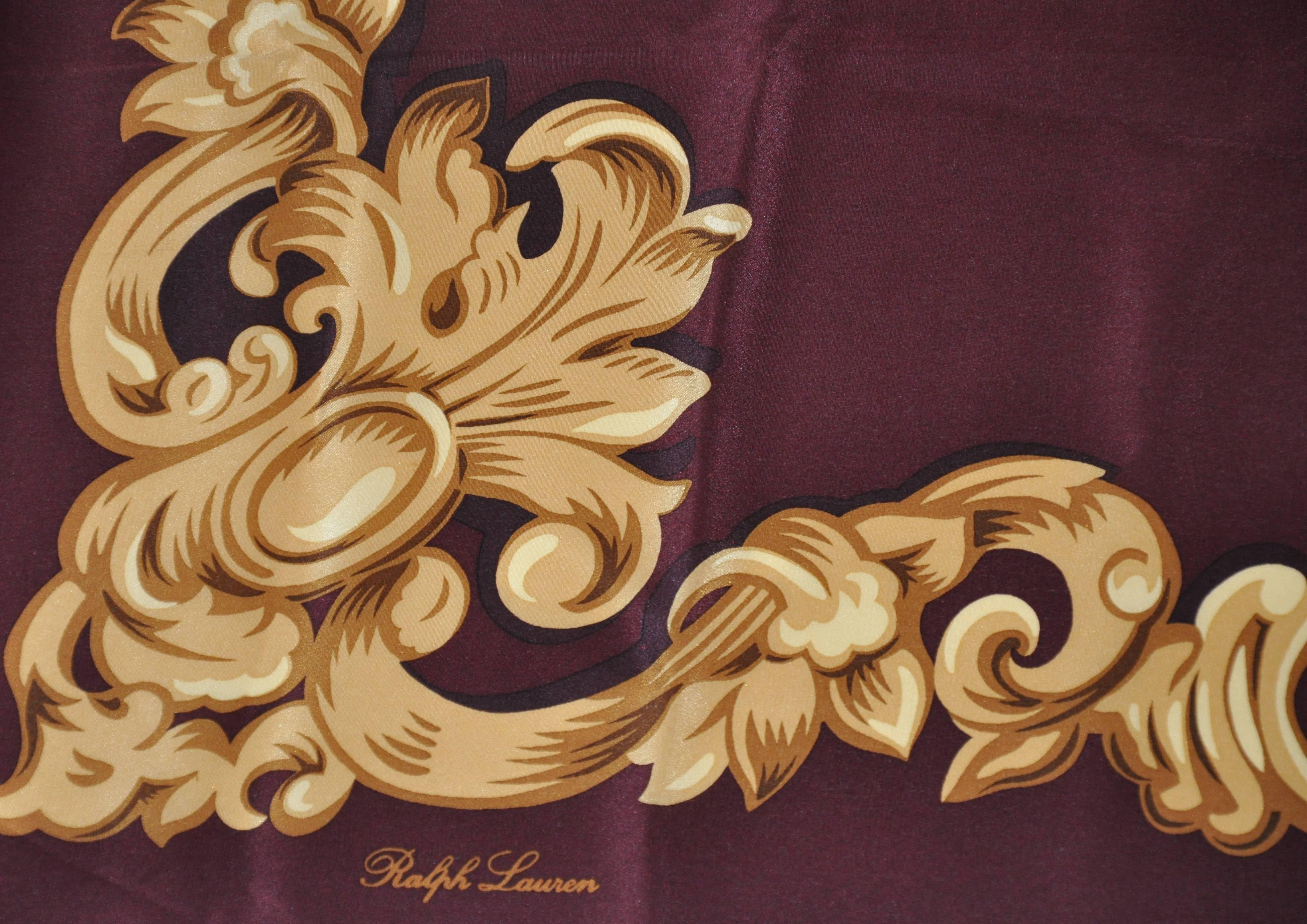 Ralph Lauren wonderfully elegant deep brown with swirls of gold silk scarf measures 30" x 30" and finished with hand-rolled edges. Made in Japan.