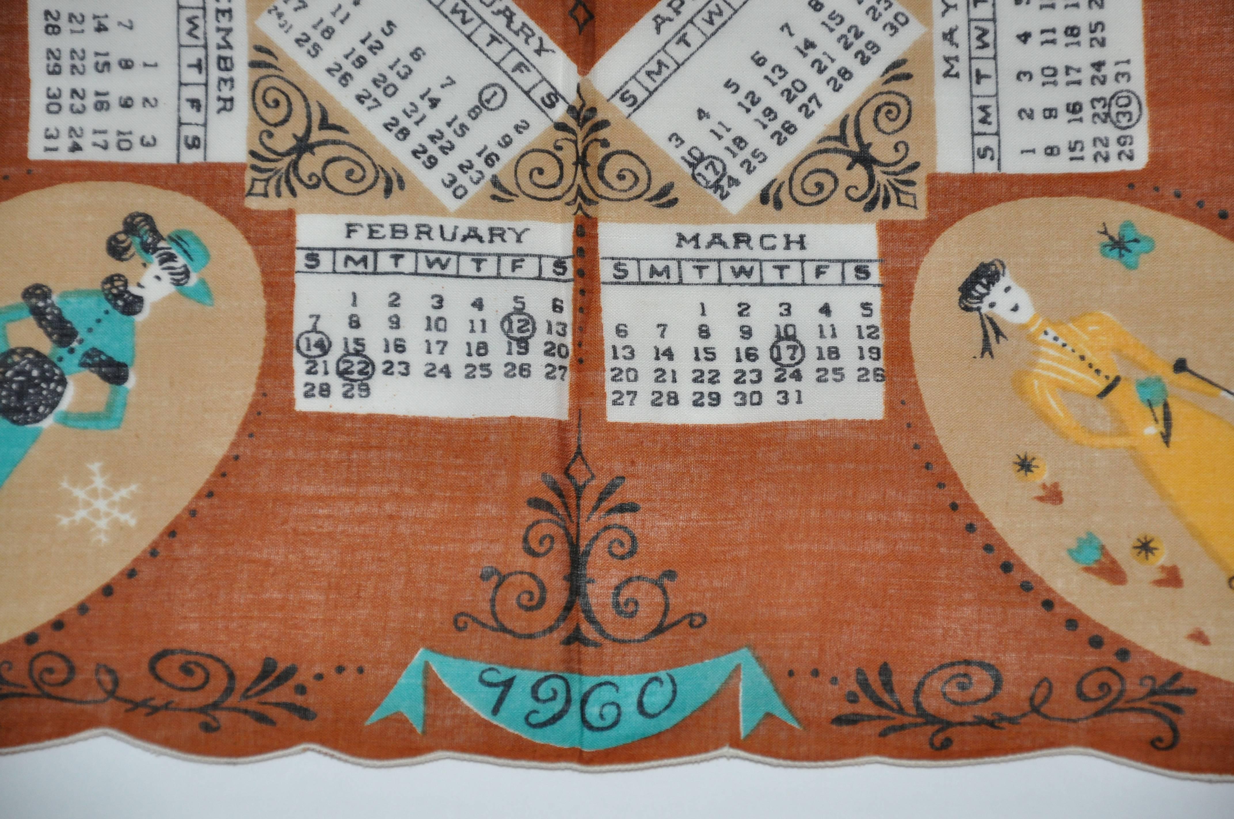 "1960" calendar cotton handkerchief measures 14" x 14" and finished with white  scallop edges. Made in USA.