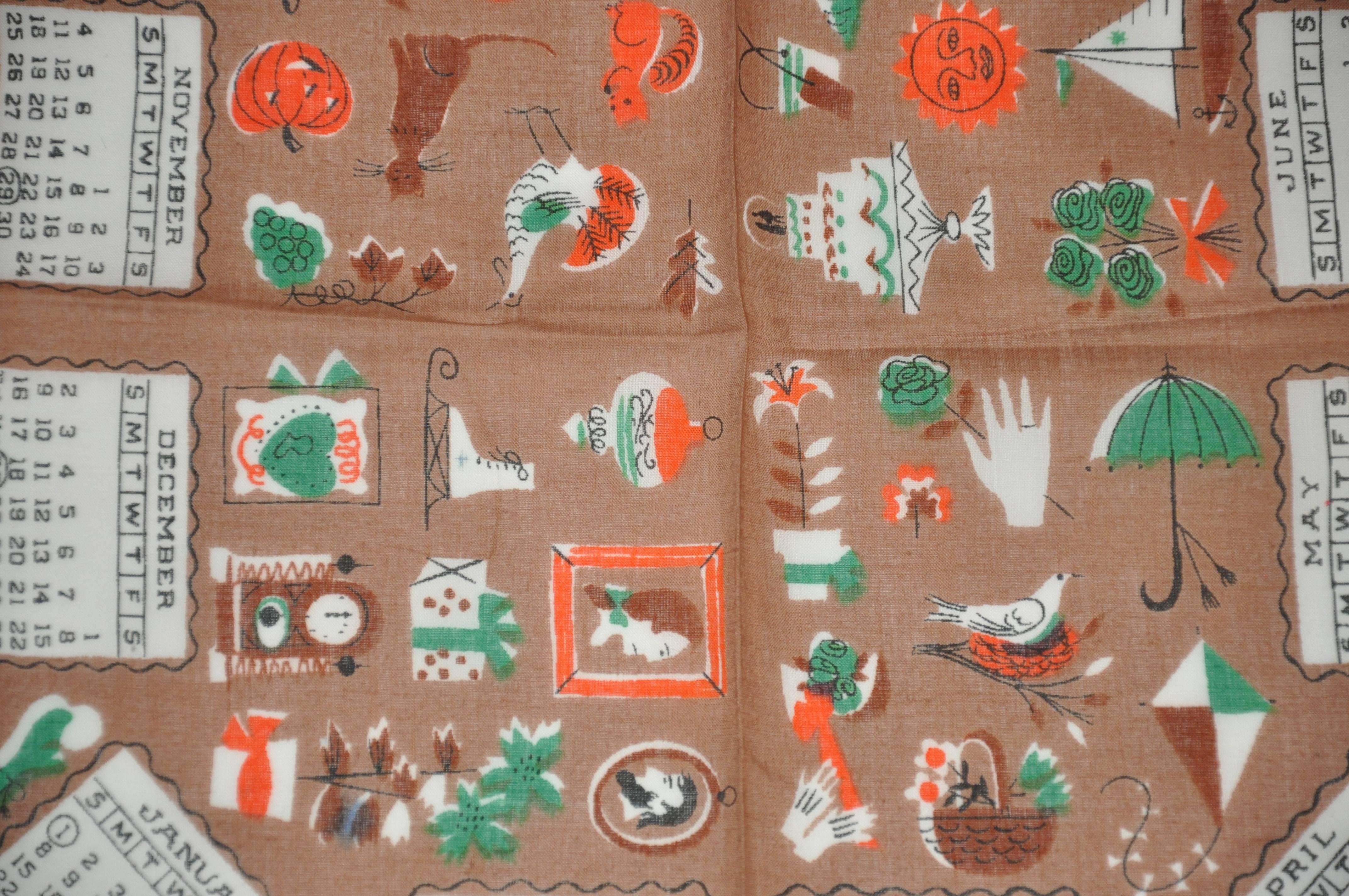 „1956“ Kalender-Taschentuch aus Baumwolle (Braun) im Angebot