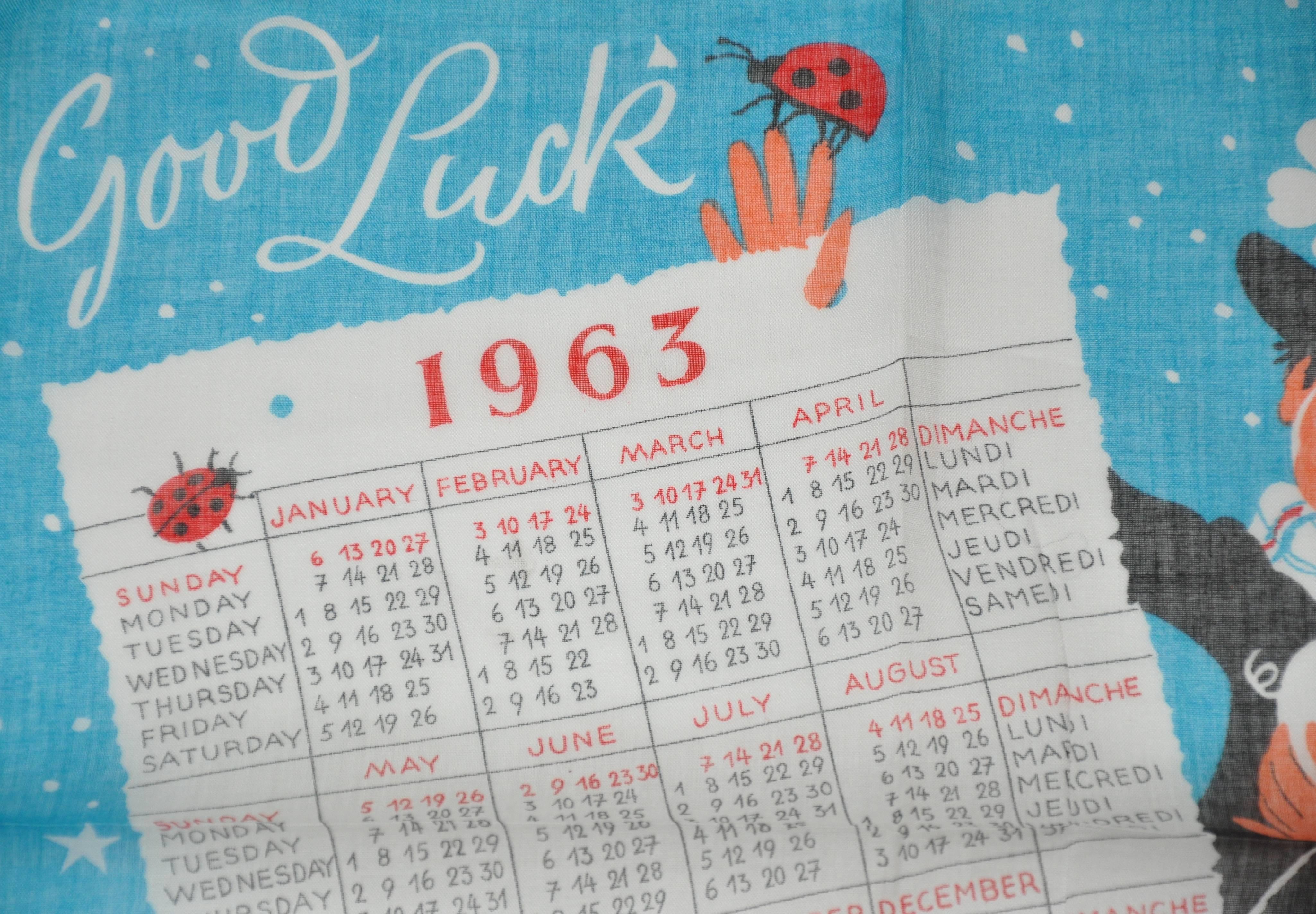 "1963" calendar cotton handkerchief measures 14" x 14" with white hand-rolled edges. Made in USA.