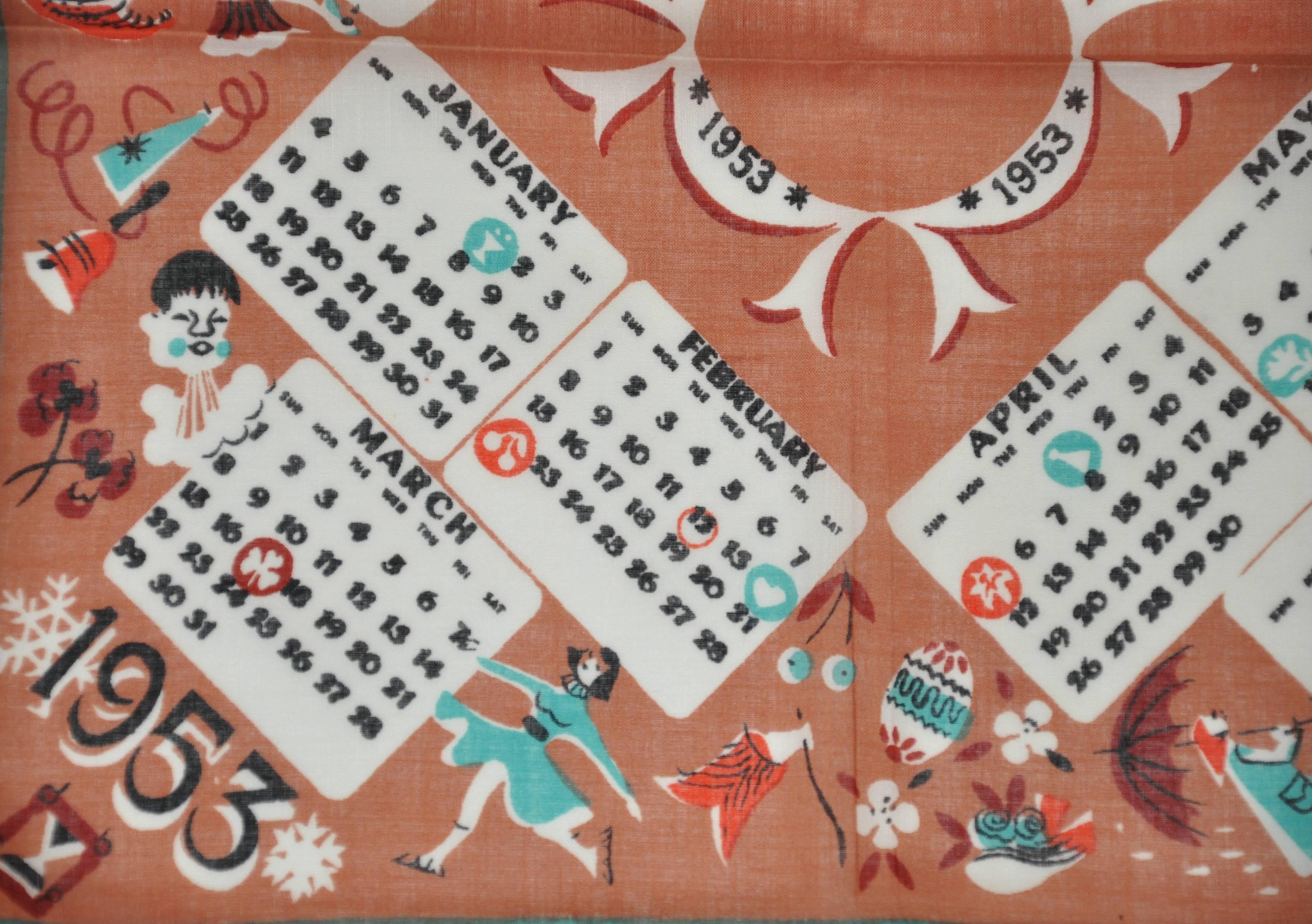 "1953" Calendar cotton handkerchief measures 14" x 14" and finished with green hand-rolled edges. Made in USA.