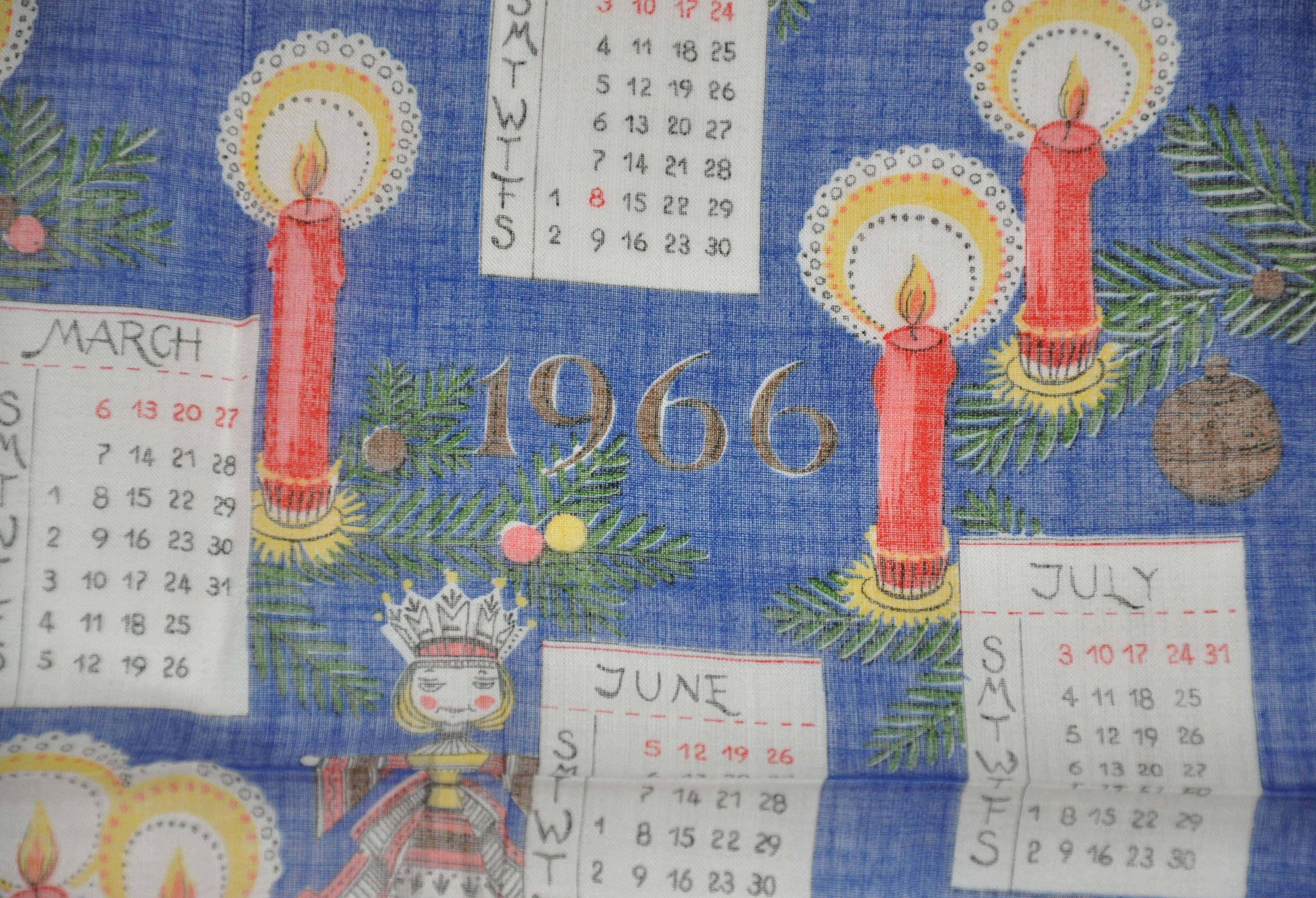 "1966" calendar cotton handkerchief measures 12" x 12", finished with white hand-rolled edges. Made in USA.