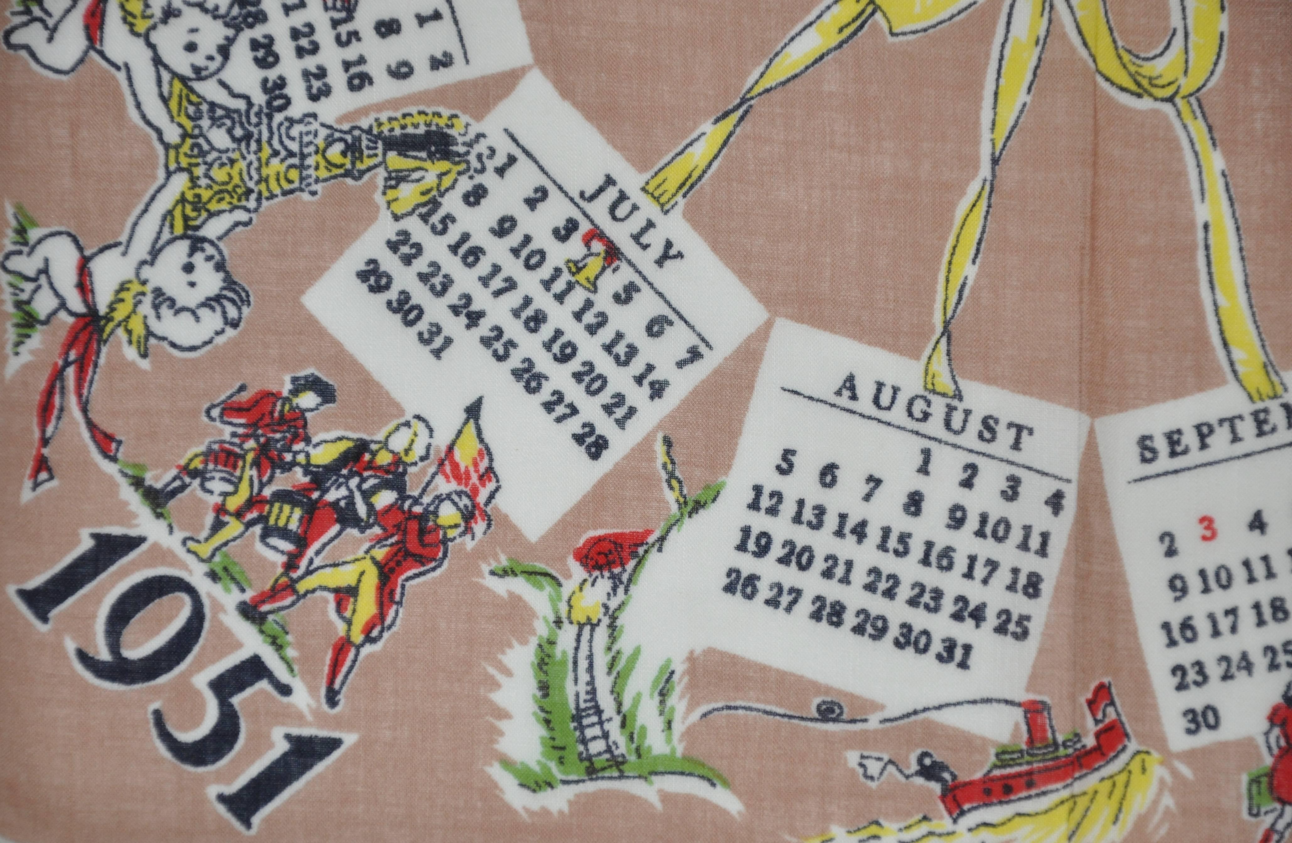 "1951" calendar cotton handkerchief measures 13" x 13", and finished with white hand-rolled edges. Made in USA.