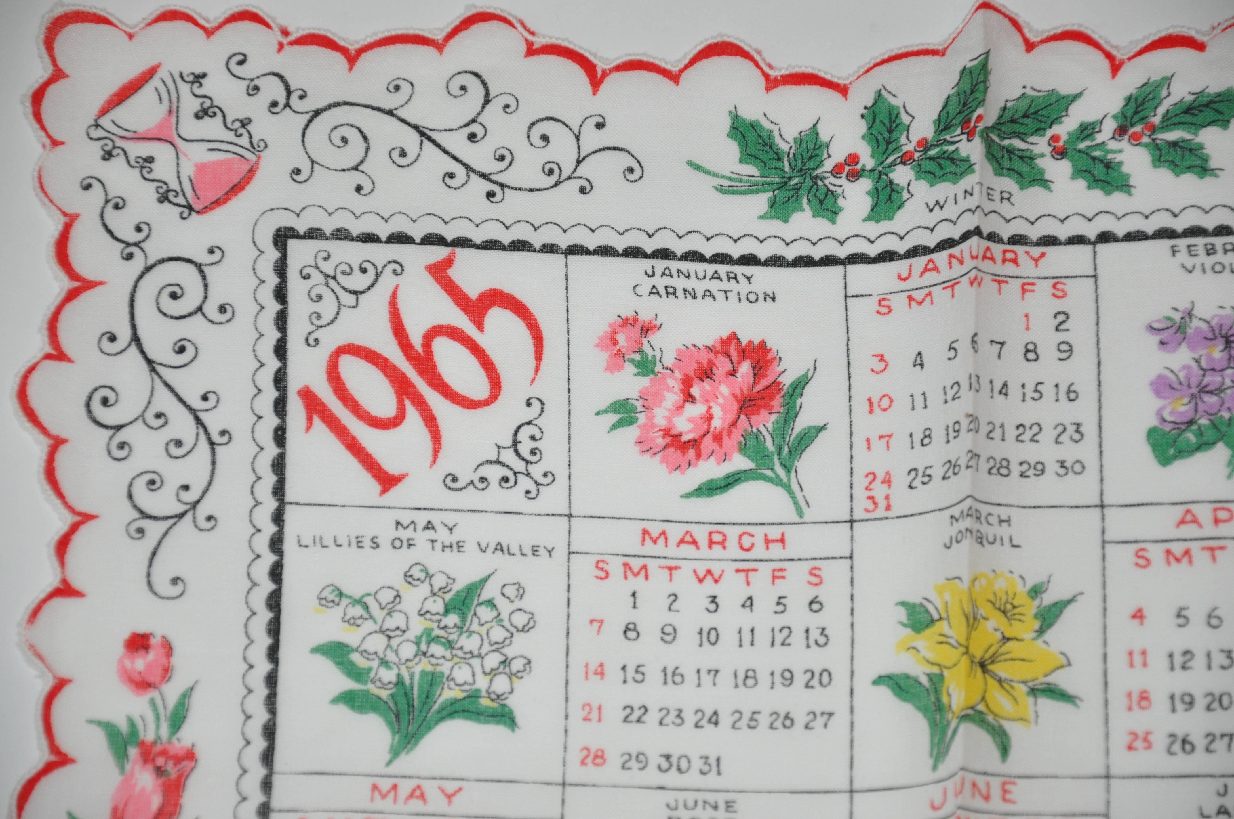 "1965" calendar cotton handkerchief measures 14" x 14" and wonderfully finished with red & white scallop edges. Made in USA.