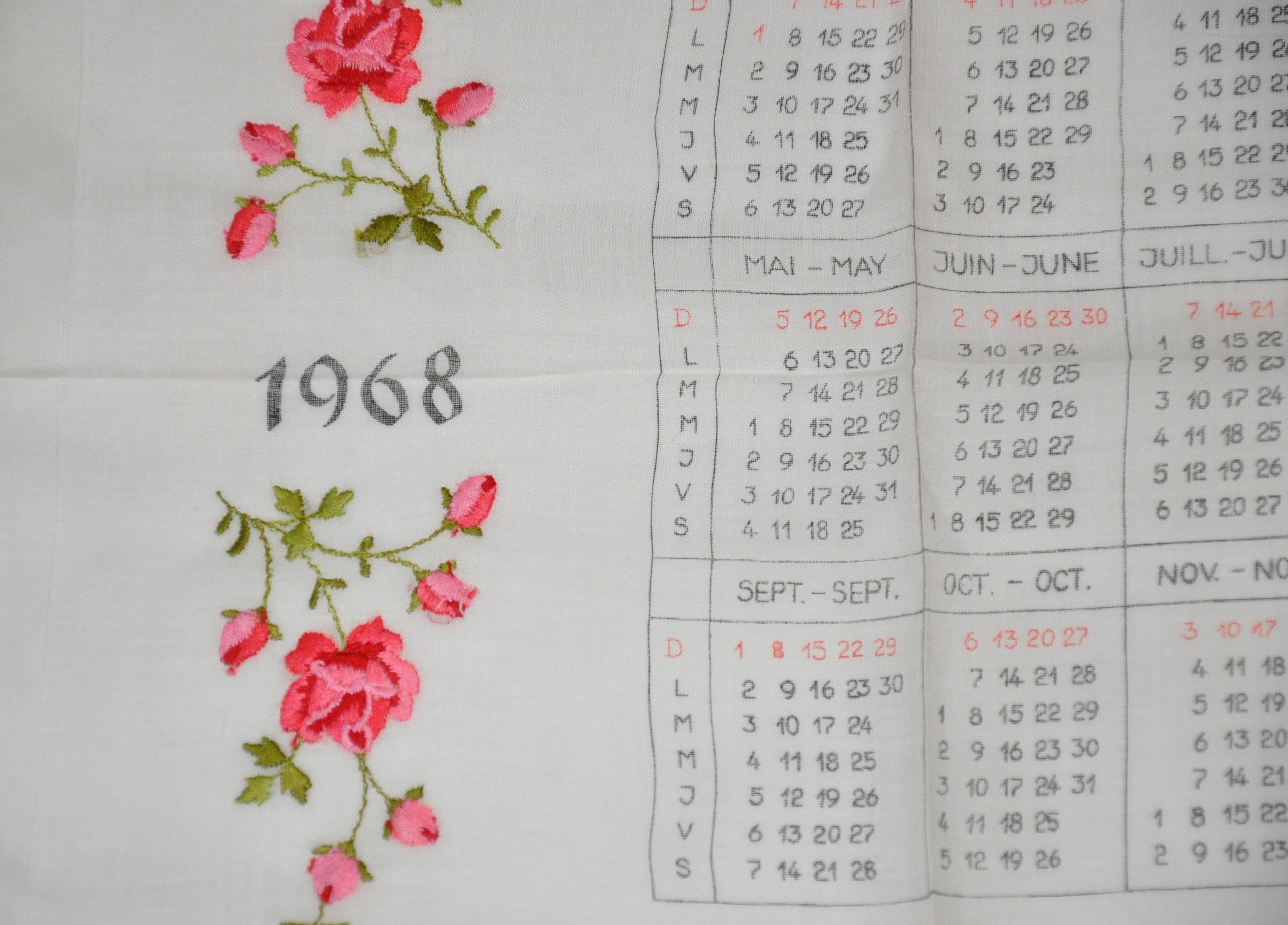 "1968" calendar cotton handkerchief measures 12" x 12" with hand-stitched edges. Made in USA.