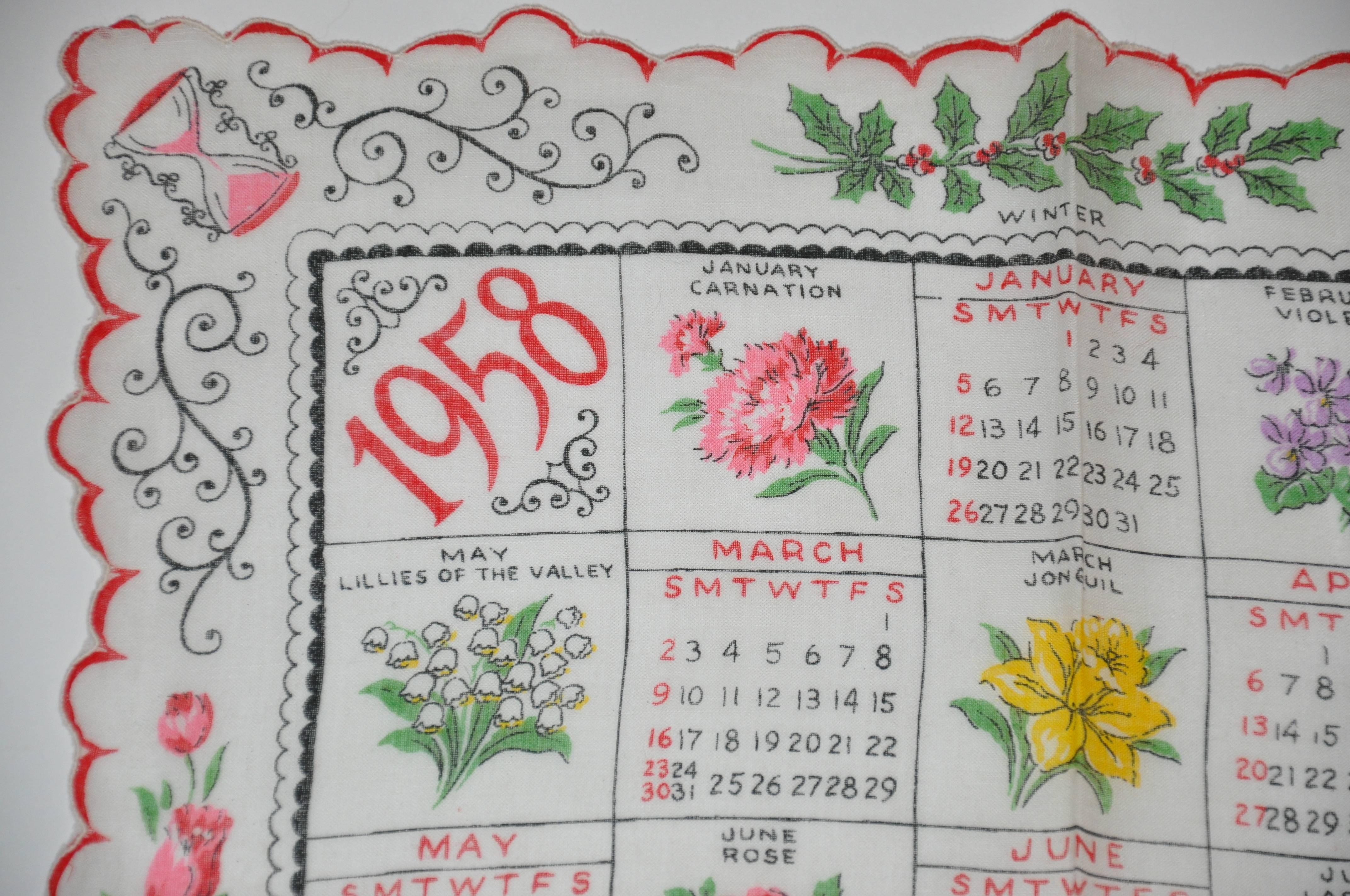 "1958" Calendar cotton handkerchief measures 13 1/2" x 13 1/2" and finished with scallop edges. Made in USA.
