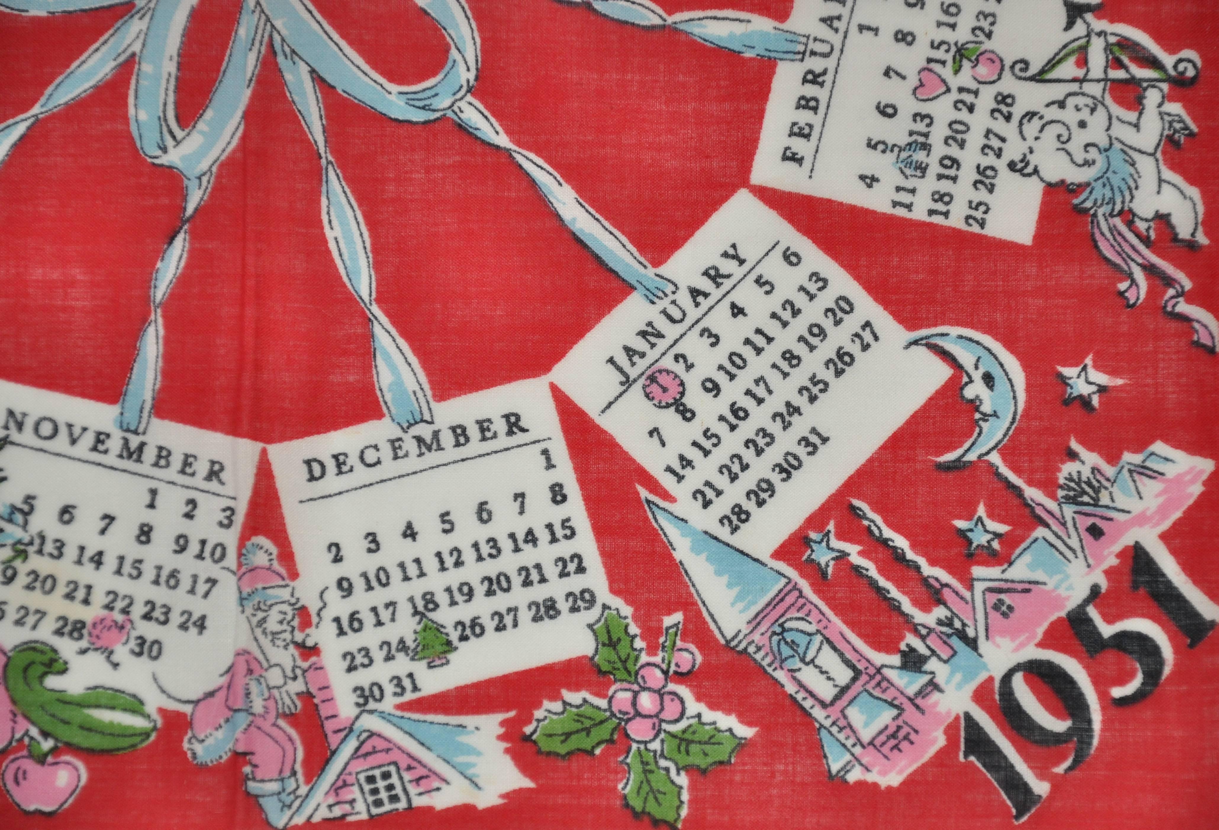 "1951" Calendar cotton handkerchief measures 13 1/2" x 13 1/2". Made in USA.