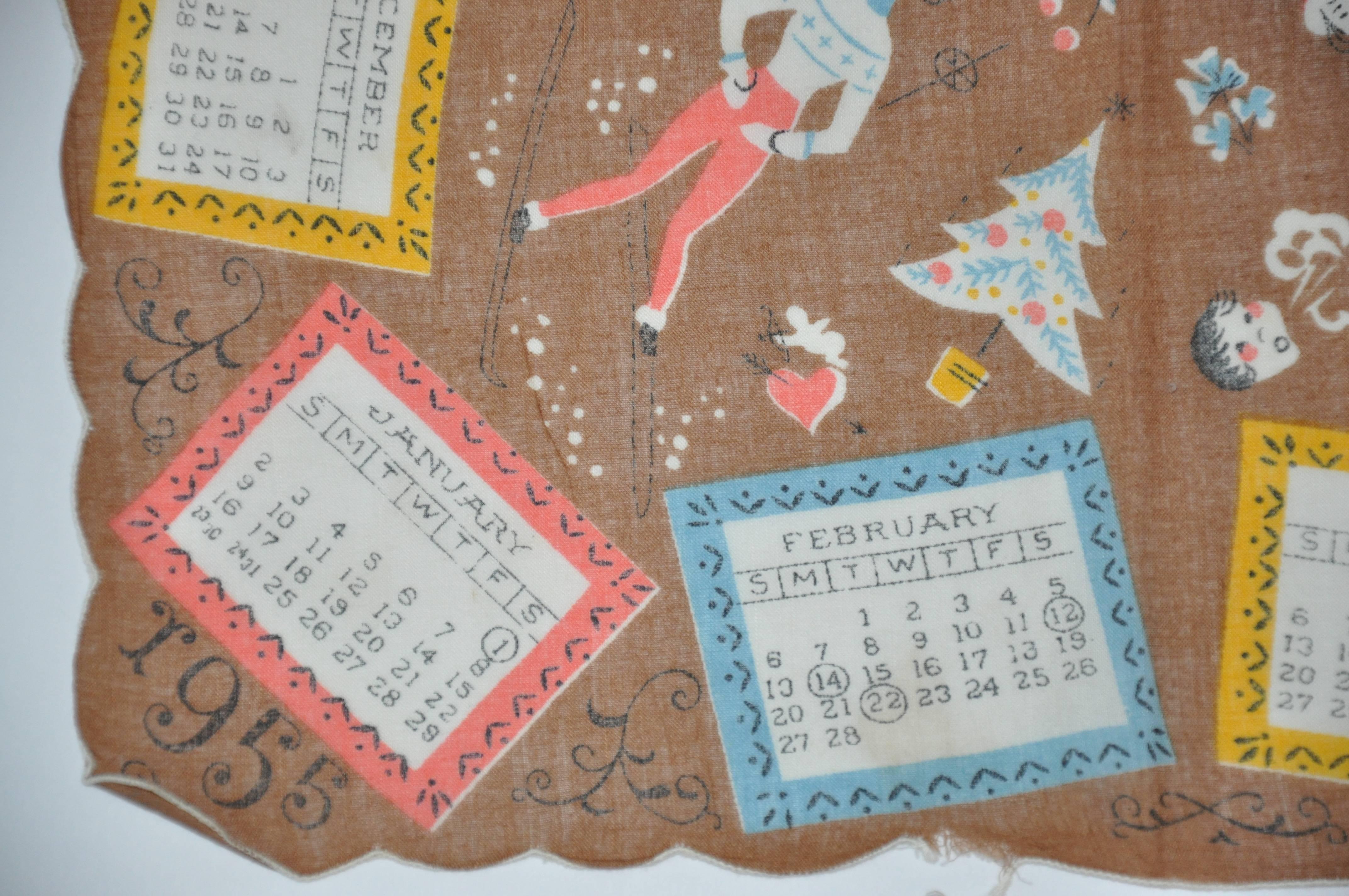 "1955" calendar cotton handkerchief measures 13 1/2" x 13 1/2" and finished with scallop edges. Made in USA.