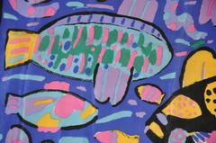 Ken Done's 1985 Multi-Color "Group of Fishes" Silk Scarf