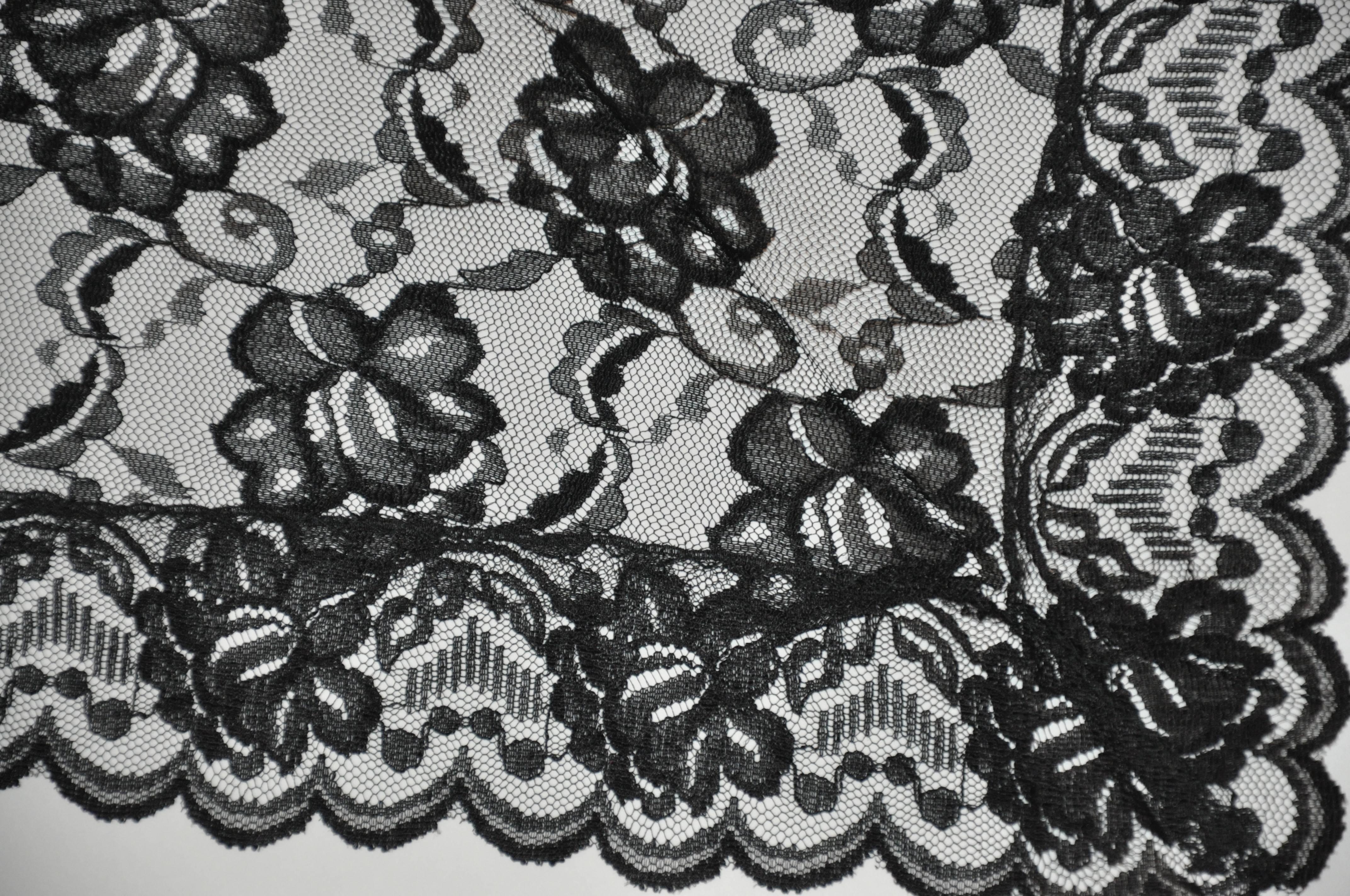 Rare Black Multi-Floral Lace & Netting with Scallop Border 