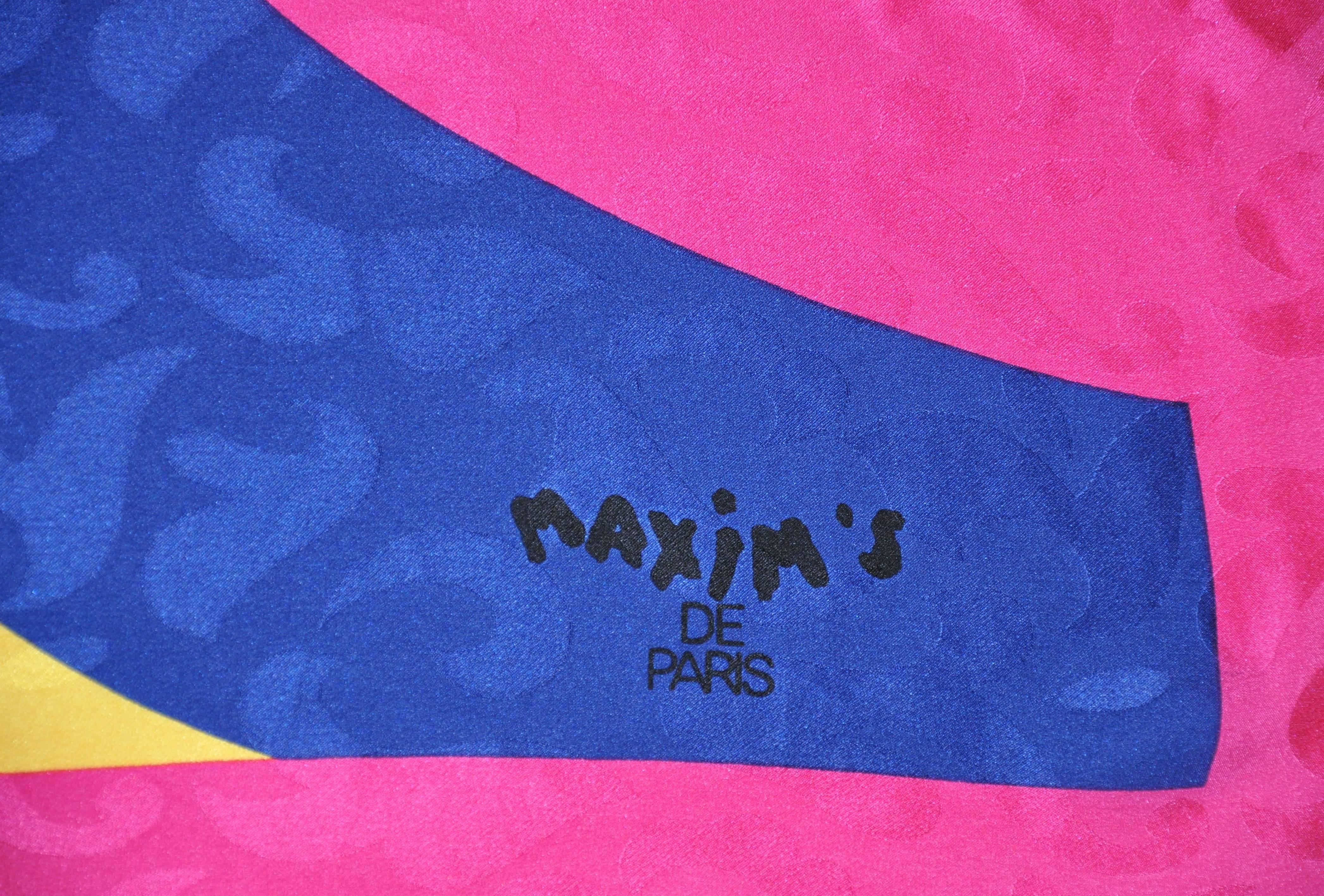 This wonderful rare Maxim's de Paris bold and vivid colorful silk crepe di chine scarf measures 34