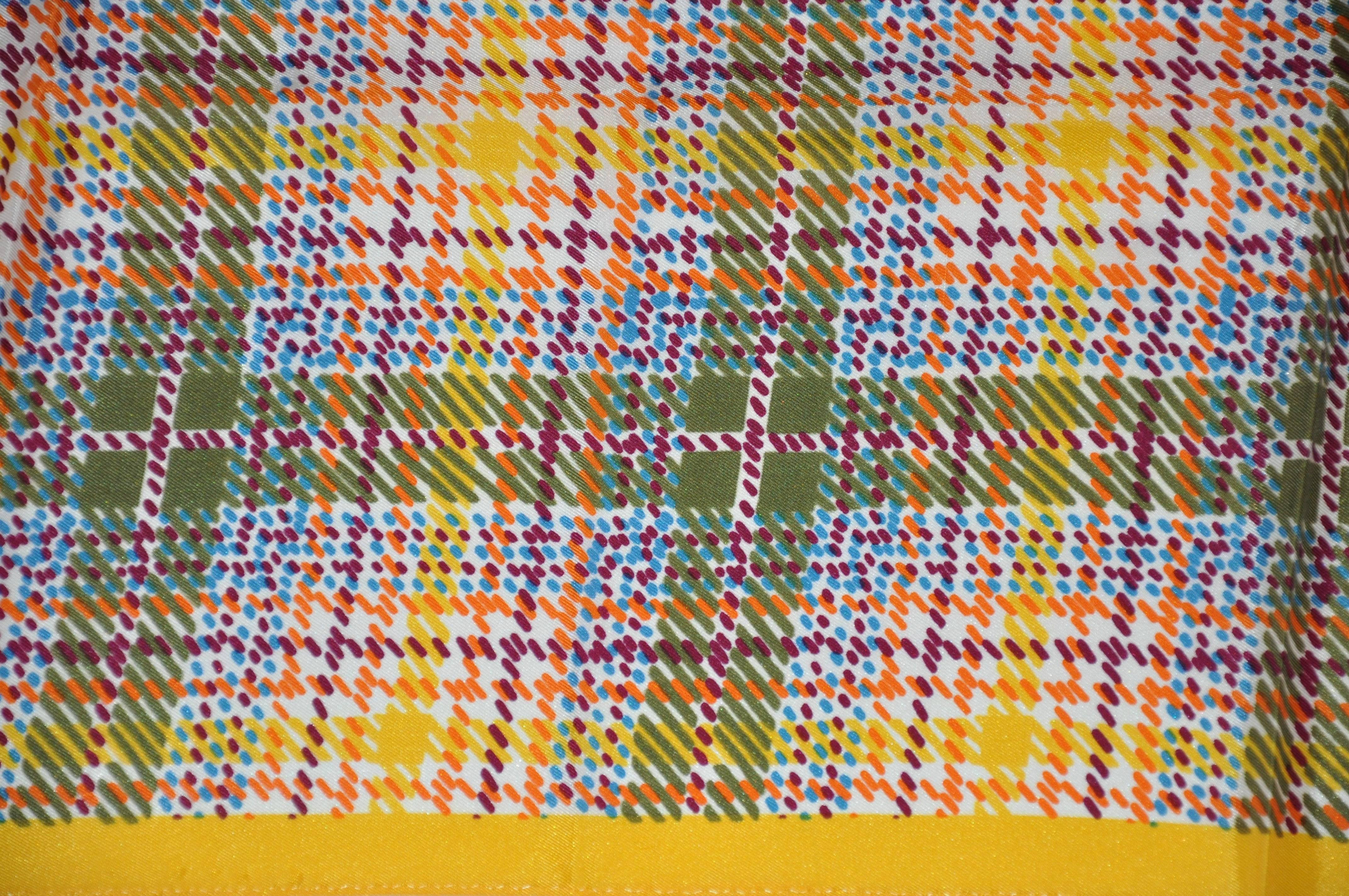 Bright multi-color plaid rectangle scarf measures 13" x 44", finished with rolled edges. Made of acetate and made in Japan.