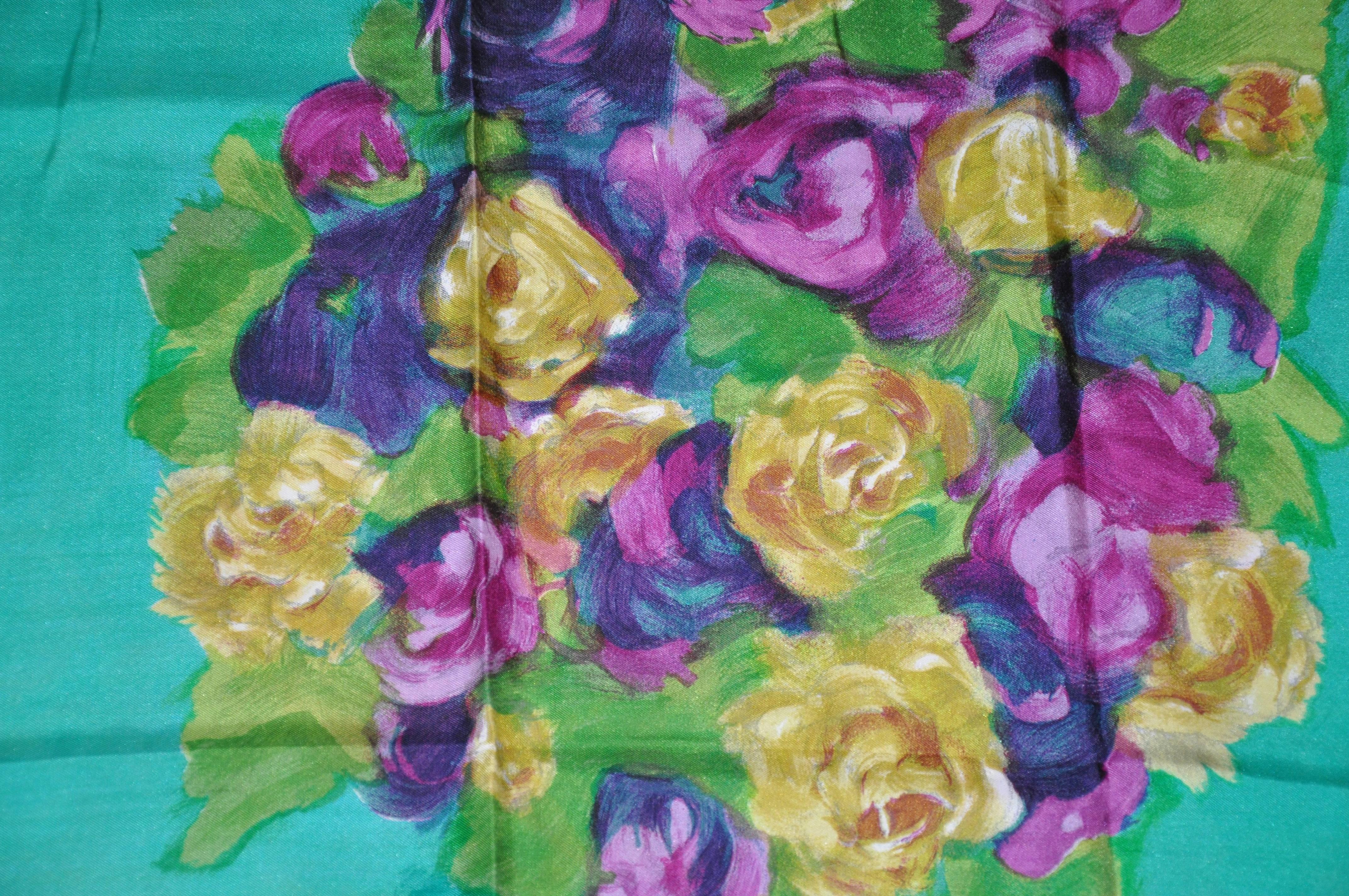 Rare Jean Desses brilliantly vivid "Floral Portrait" silk scarf measures 30" x 30", finished with hand-rolled edges. One side needs slight repair on edge. Made in France.