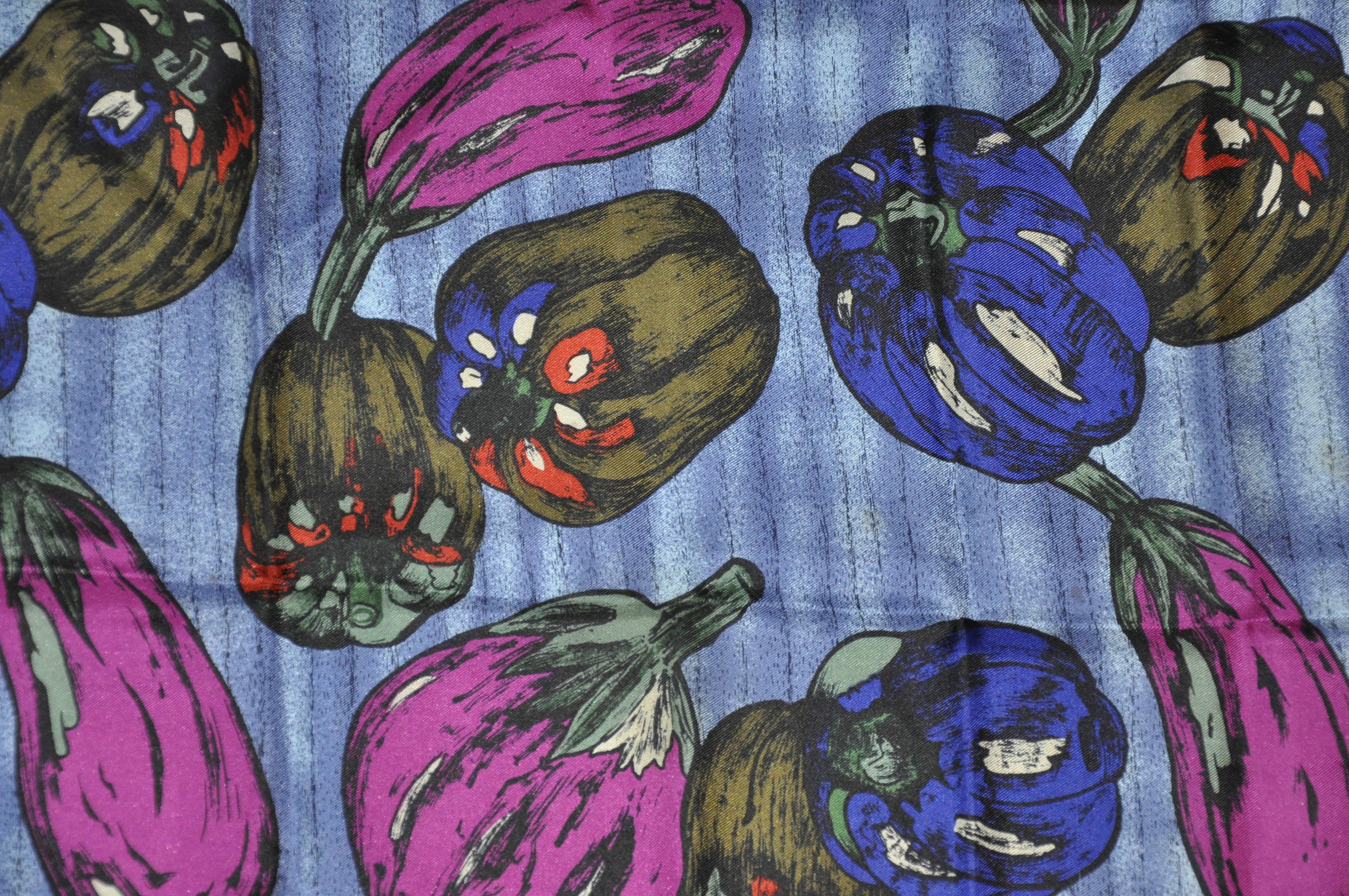 Perry Ellis wonderful "Peppers & Eggplants" silk scarf measures 30" x 31", finished with hand-rolled edges. Made in Italy.