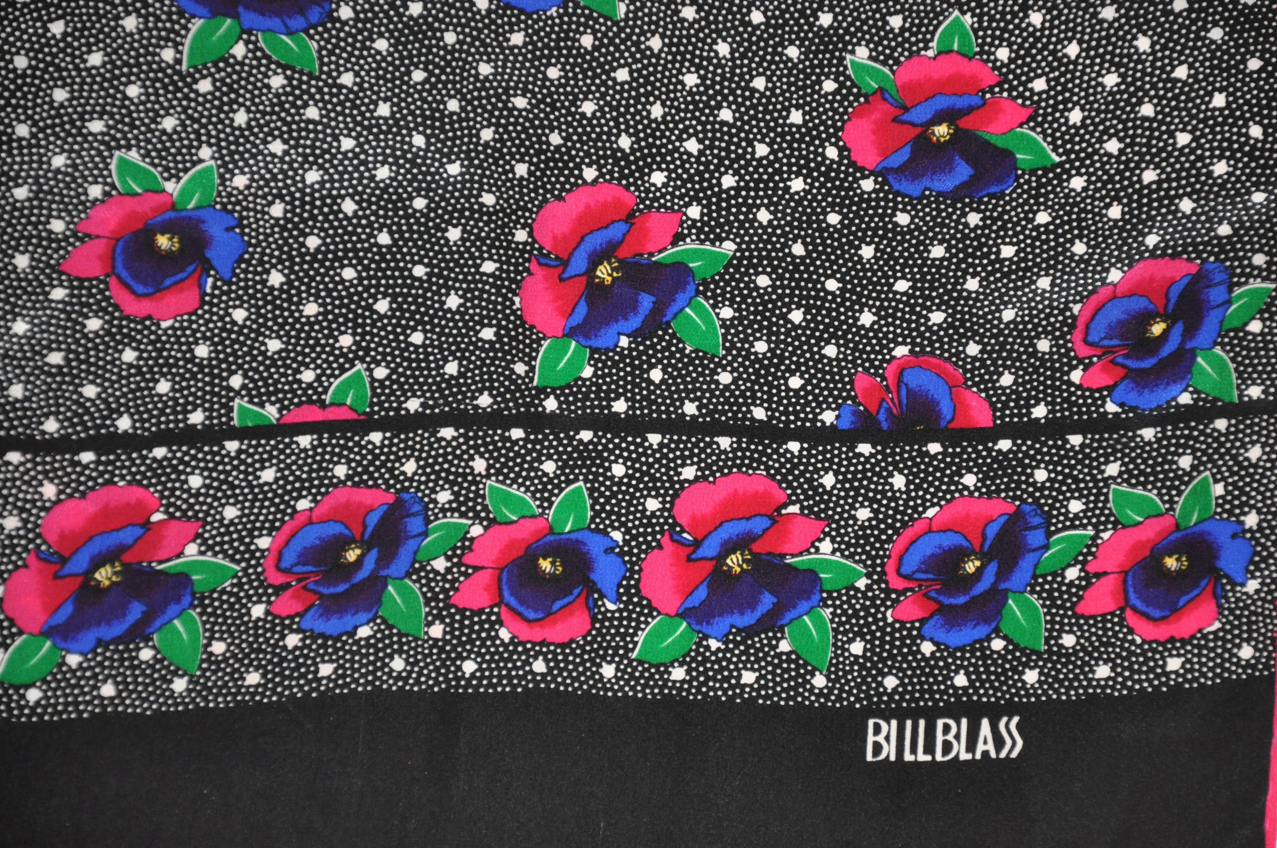 Bill Blass wonderful combination of multi-colors floral rectangle silk scarf measures 11" x 56". Edges are hand-rolled with fringed ends. Made in Japan.