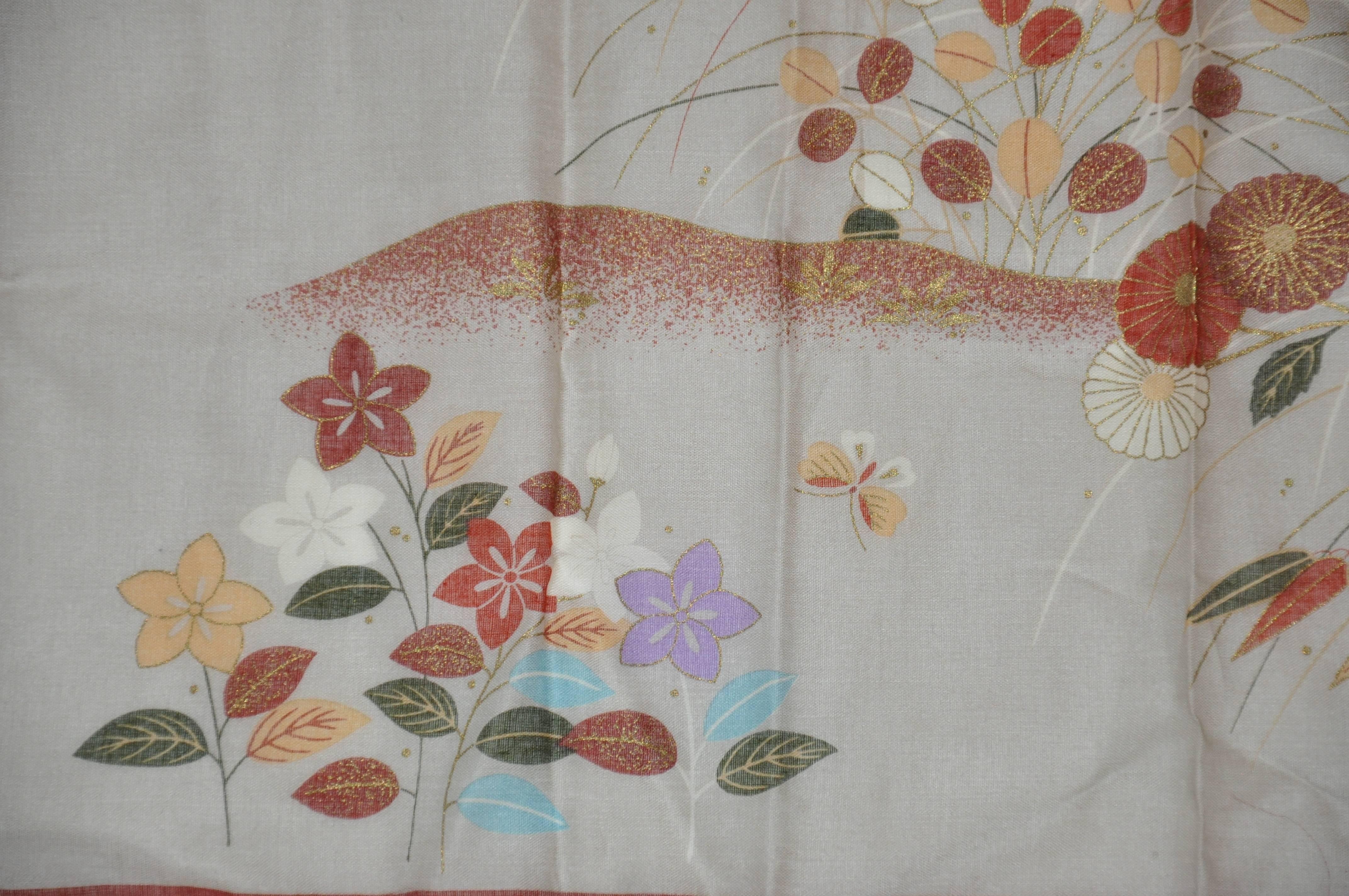 Japanese multi floral silk screen "Floral Garden" silk handkerchief measures 18 1/2" x 18". Made in Japan.
