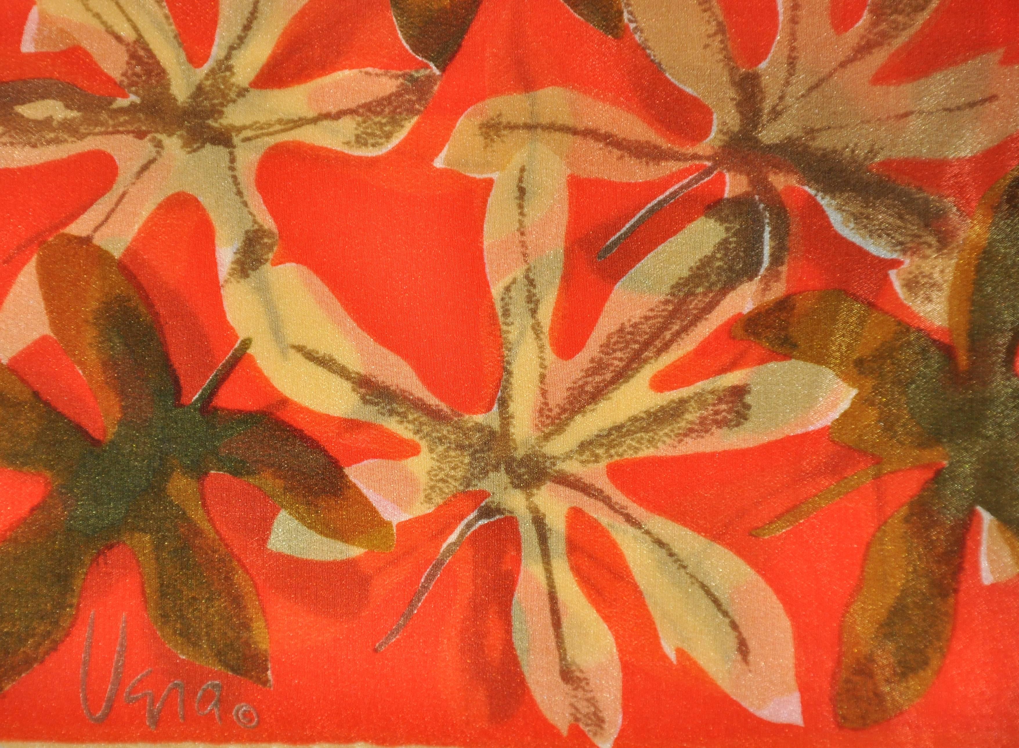 Marron Vera - Écharpe en soie marron avec bordure florale multicolore au centre en vente