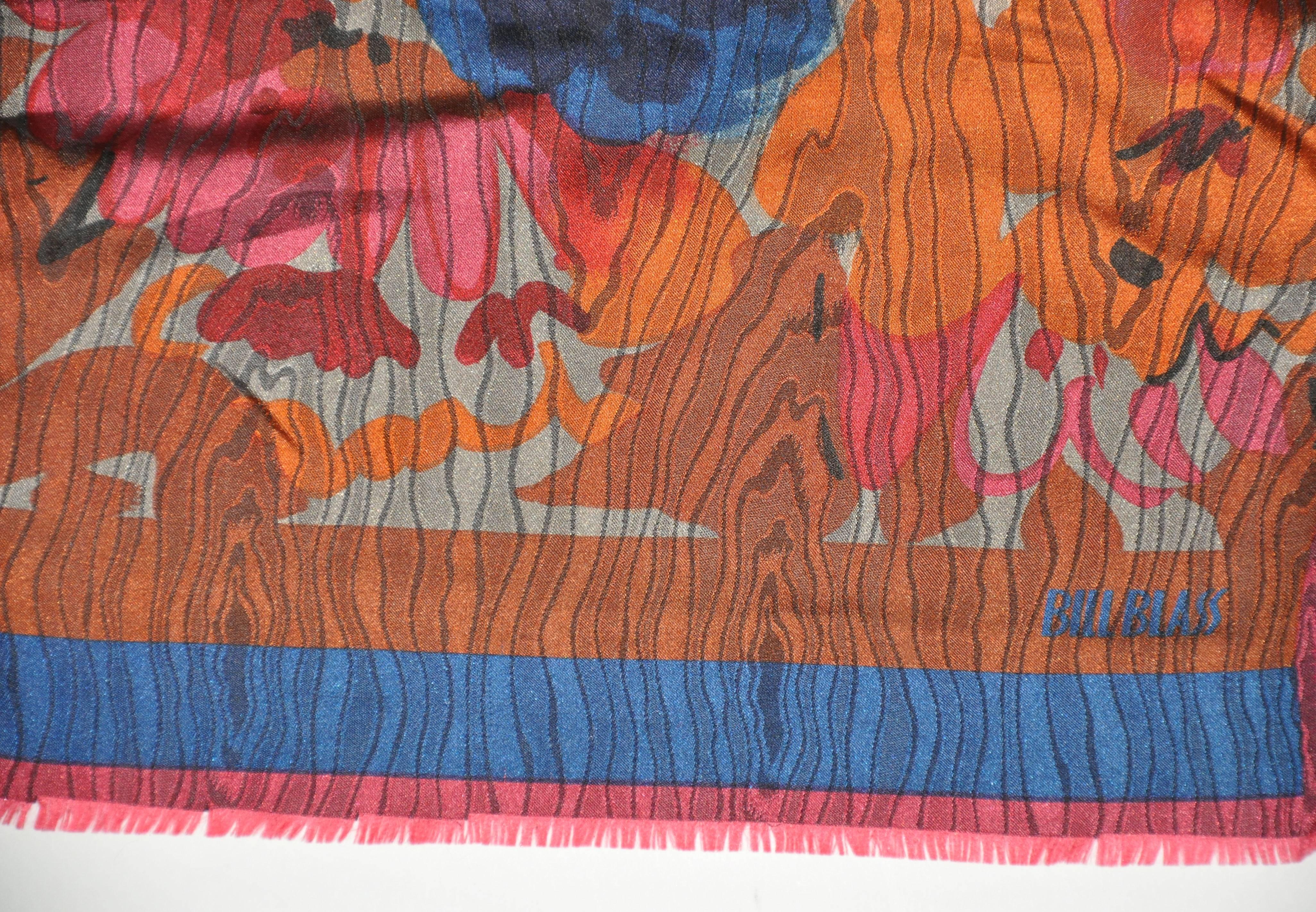  Bill Blass wonderful multi-colors of "Autumn Shades" floral silk scarf is accented with fringed edges and measures 11 1/2" x 59". Made in Japan.