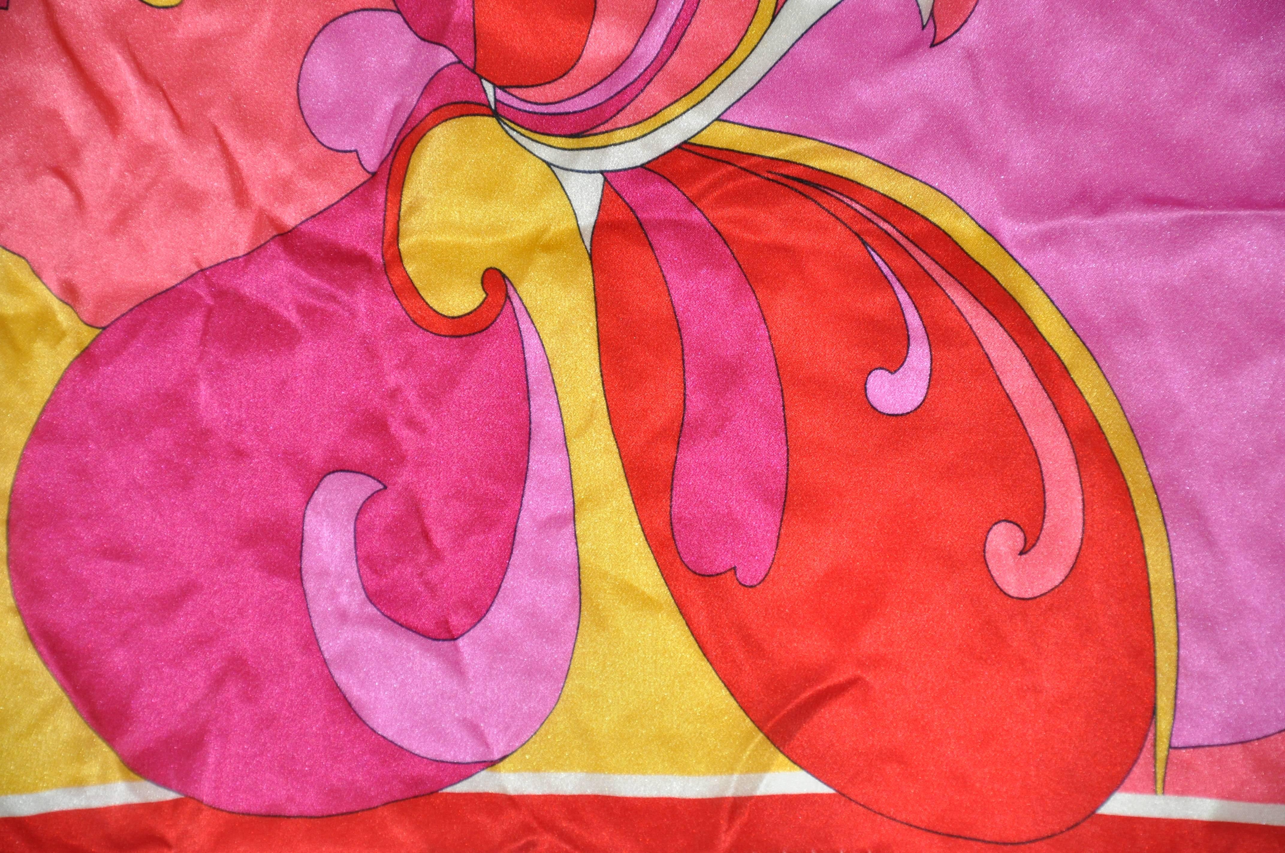 Pink MultiColor of Vivid Reds & Fuchsia with White Silk Scarf For Sale
